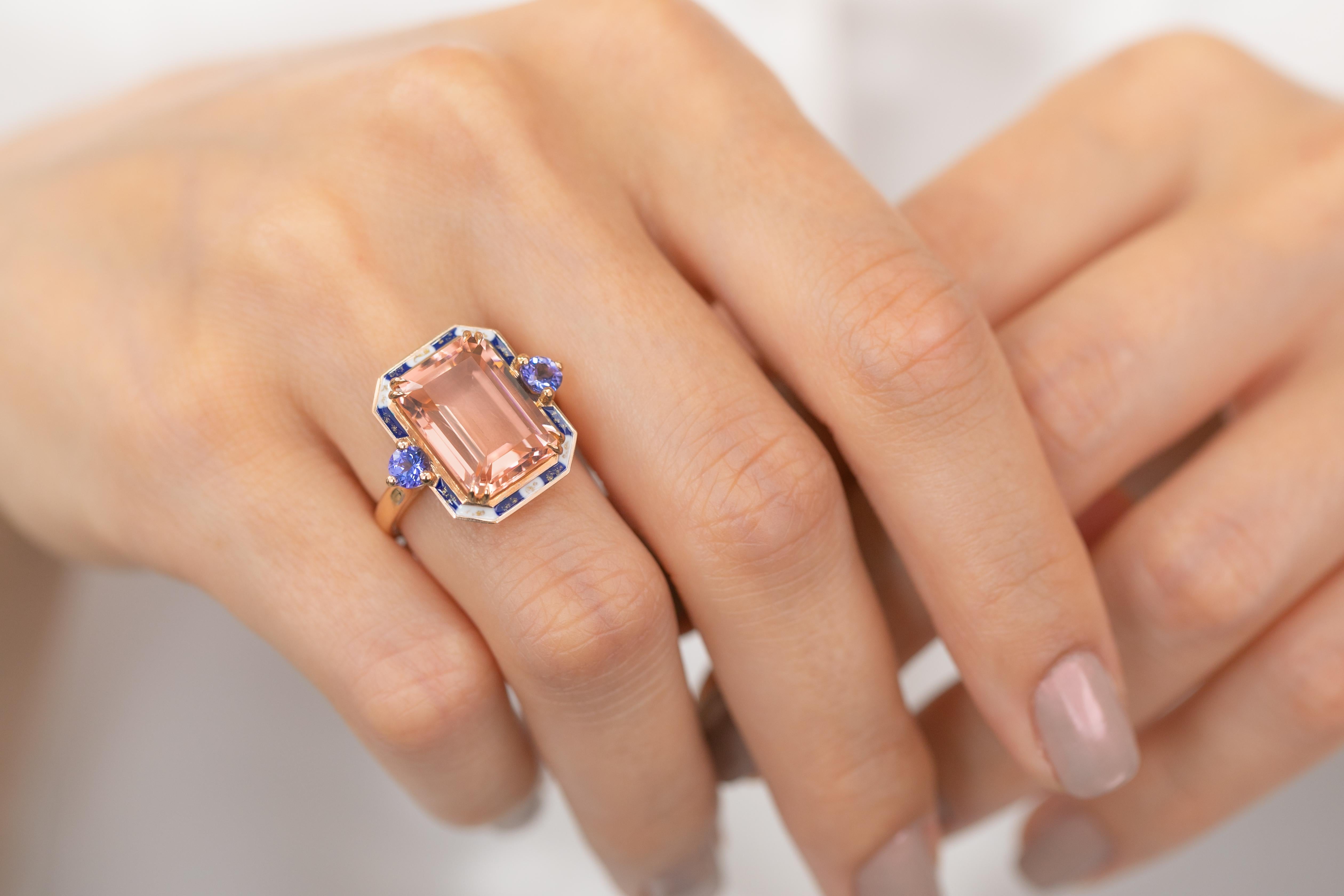 For Sale:  Art Deco Style 14k Solid Gold, Pink Quartz and Ceylon Sapphire Stone Ring 15