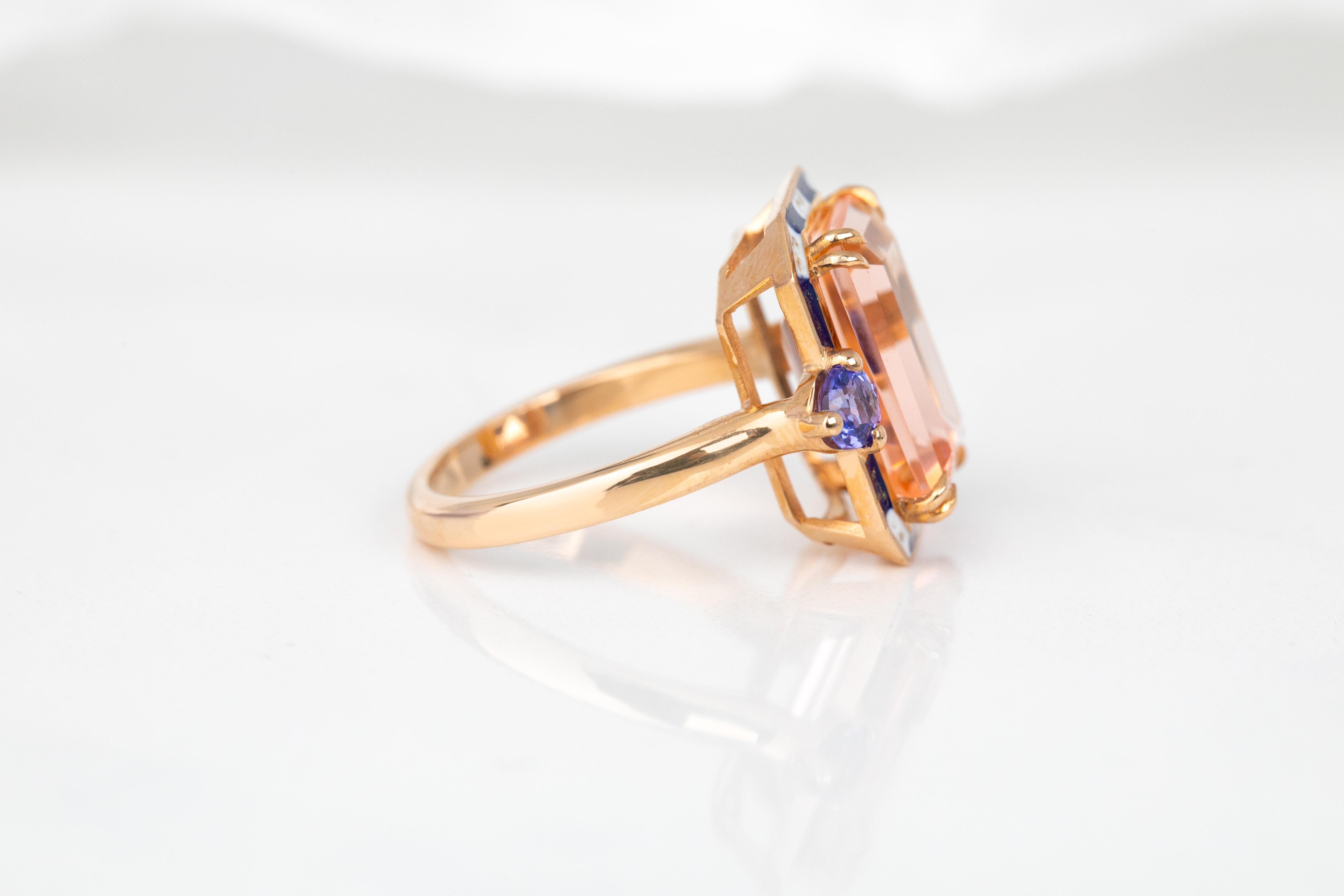 For Sale:  Art Deco Style 14k Solid Gold, Pink Quartz and Ceylon Sapphire Stone Ring 17