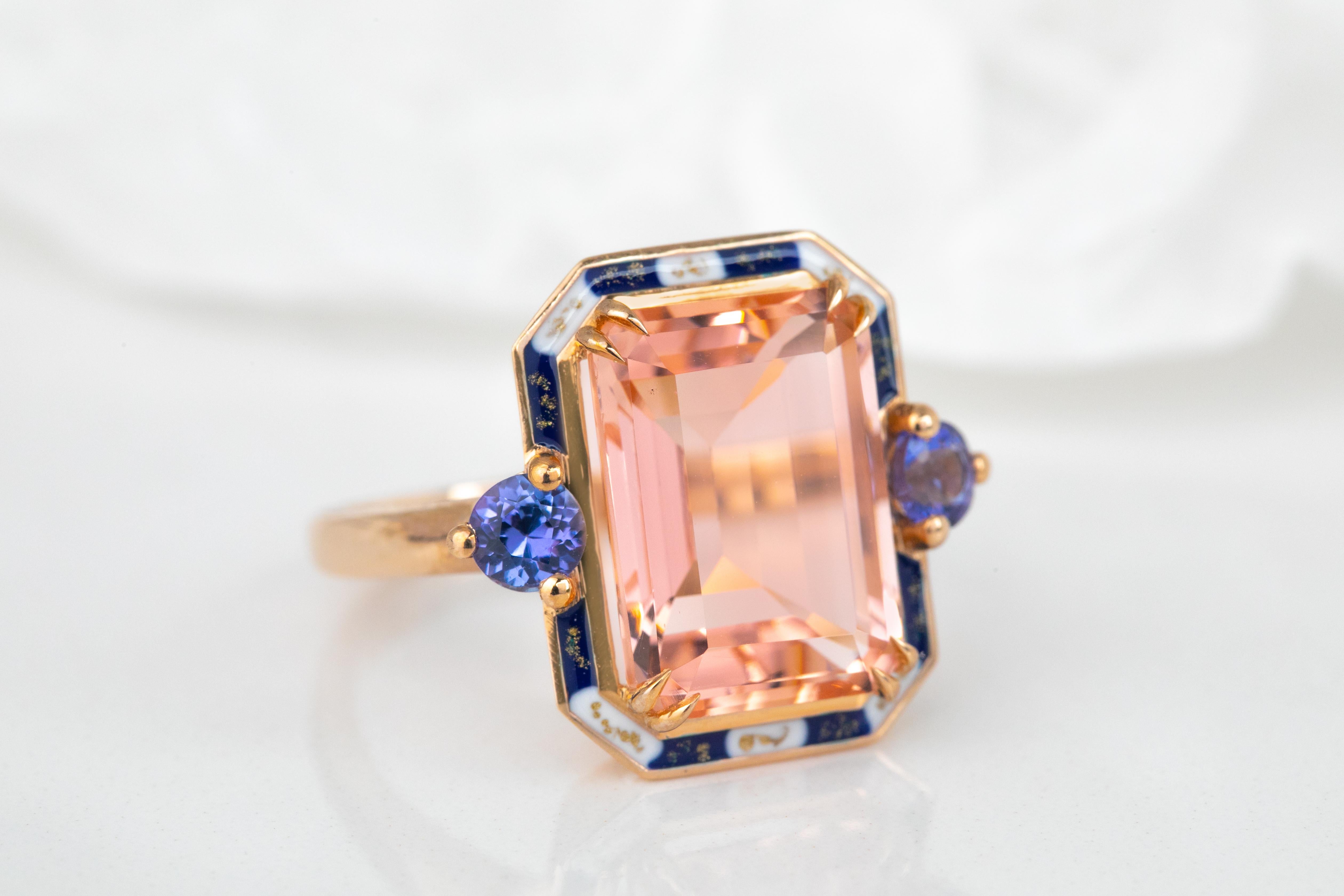 For Sale:  Art Deco Style 14k Solid Gold, Pink Quartz and Ceylon Sapphire Stone Ring 2