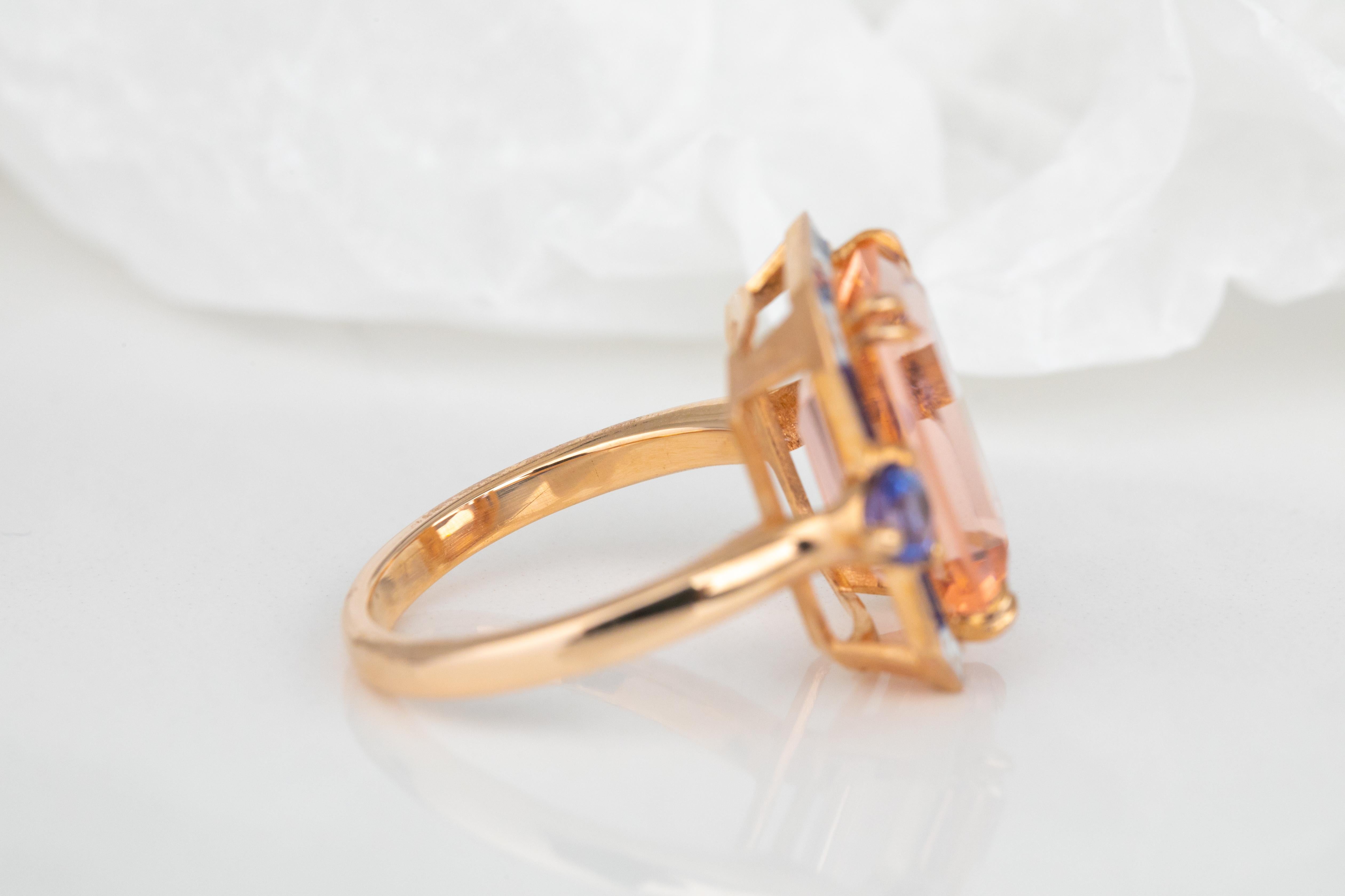For Sale:  Art Deco Style 14k Solid Gold, Pink Quartz and Ceylon Sapphire Stone Ring 3