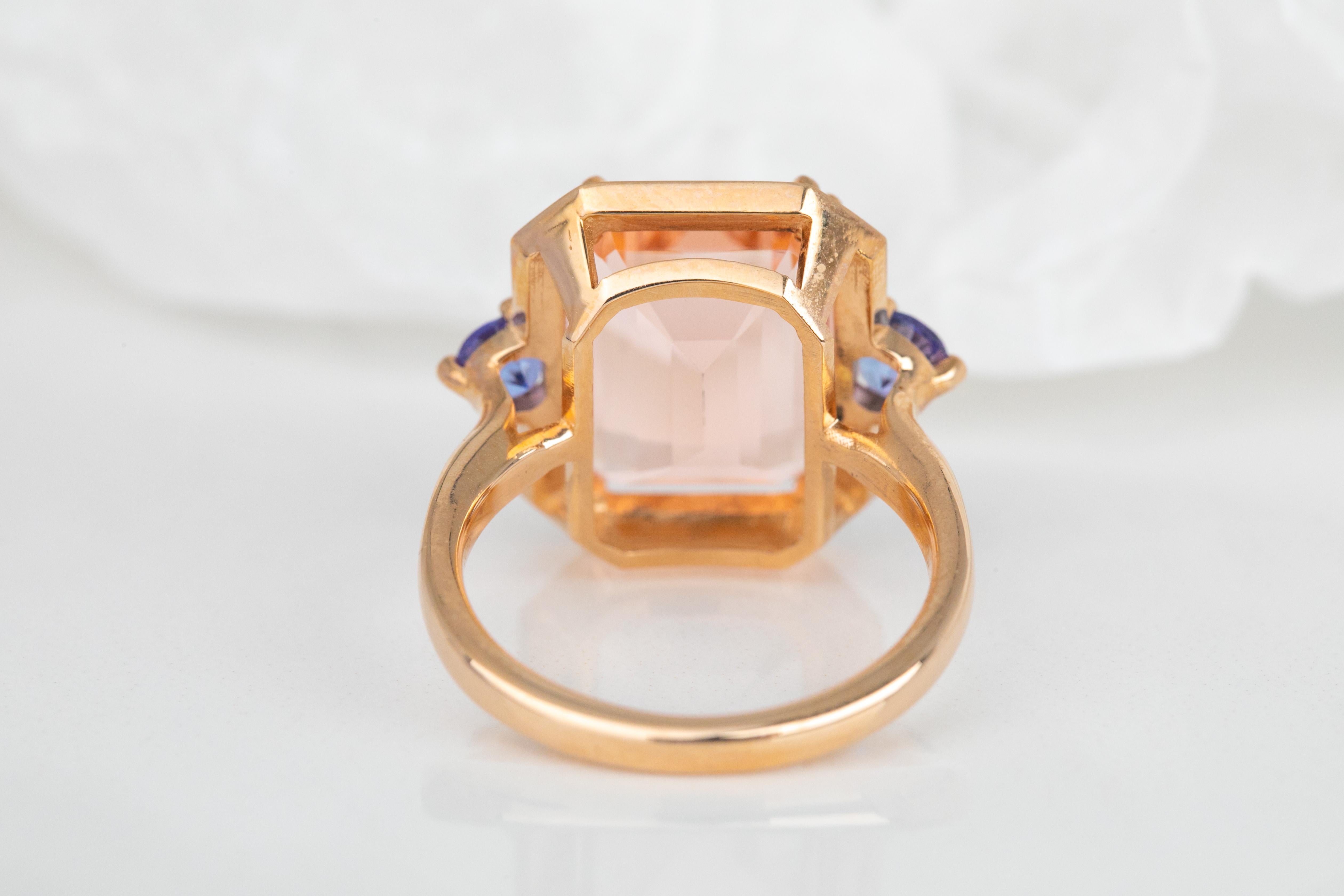 For Sale:  Art Deco Style 14k Solid Gold, Pink Quartz and Ceylon Sapphire Stone Ring 4