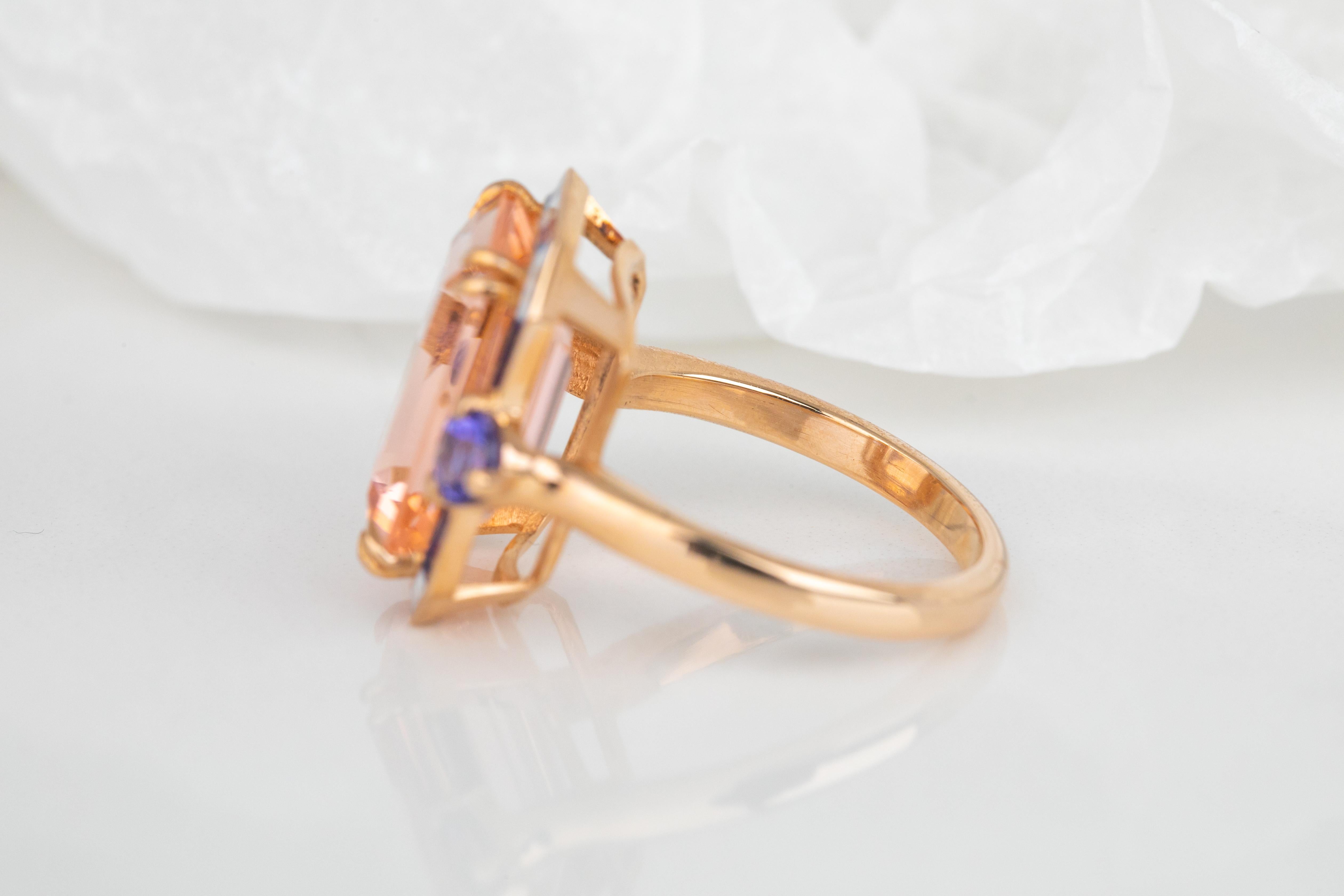 For Sale:  Art Deco Style 14k Solid Gold, Pink Quartz and Ceylon Sapphire Stone Ring 5