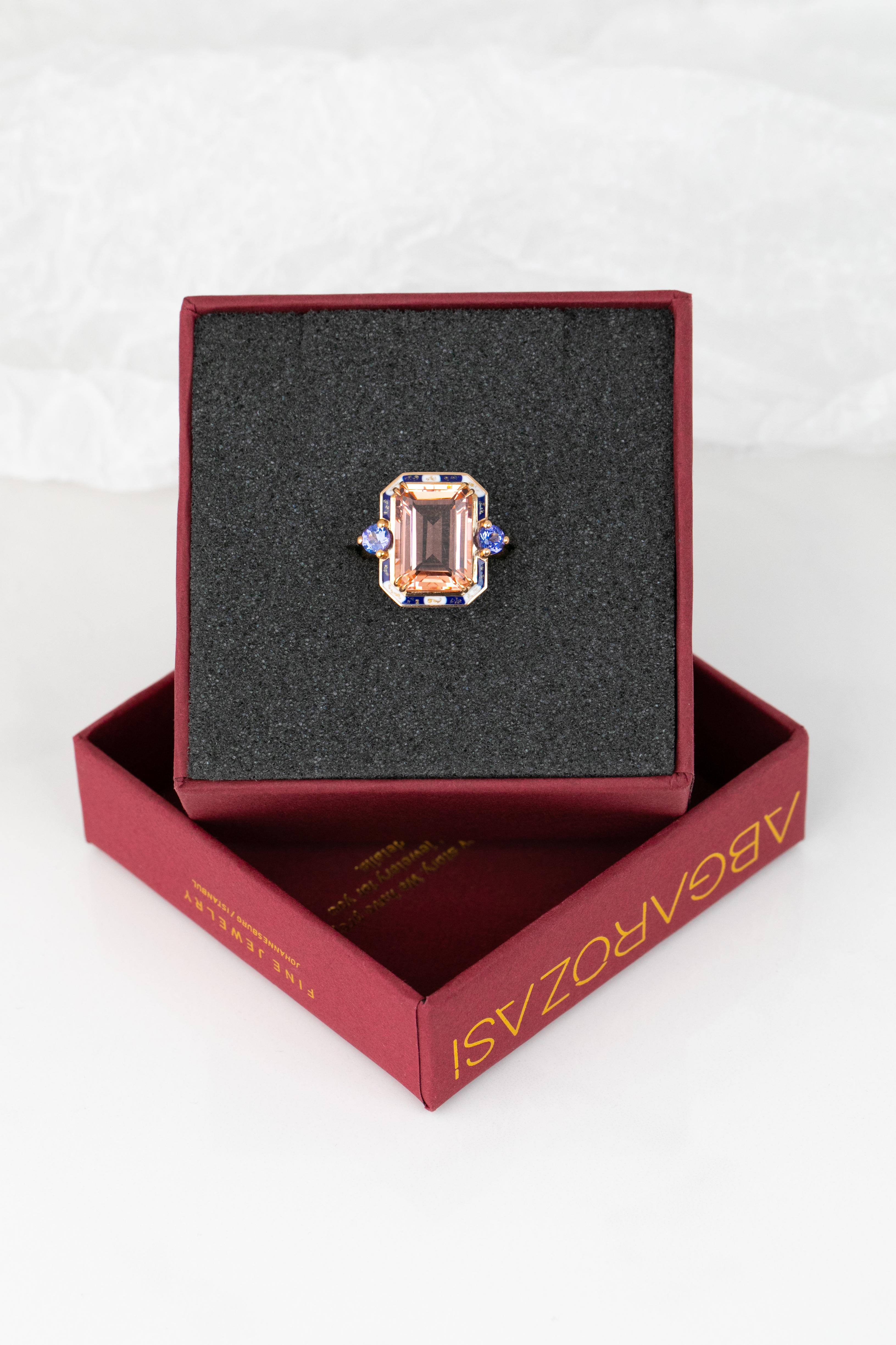 For Sale:  Art Deco Style 14k Solid Gold, Pink Quartz and Ceylon Sapphire Stone Ring 6