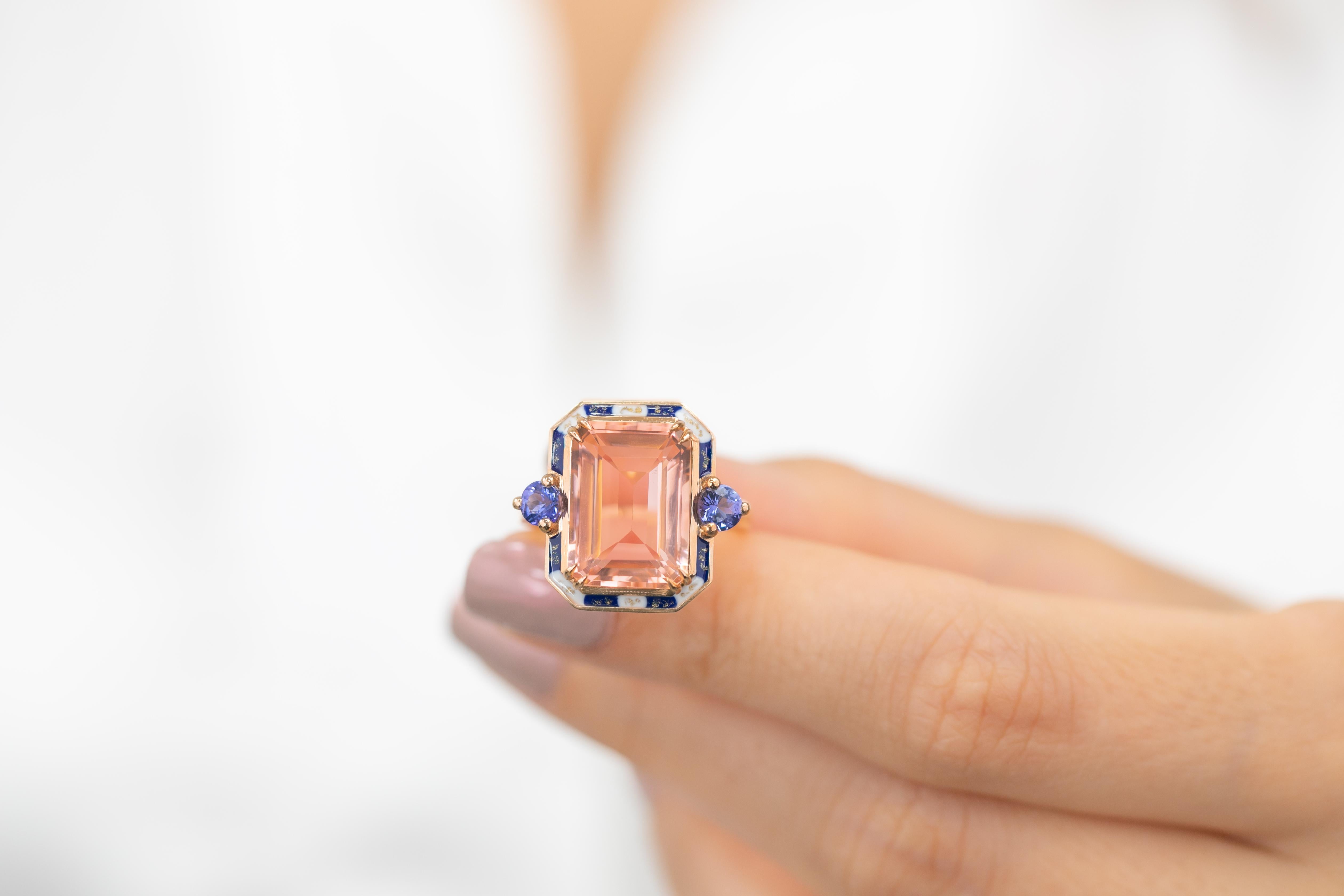 For Sale:  Art Deco Style 14k Solid Gold, Pink Quartz and Ceylon Sapphire Stone Ring 8