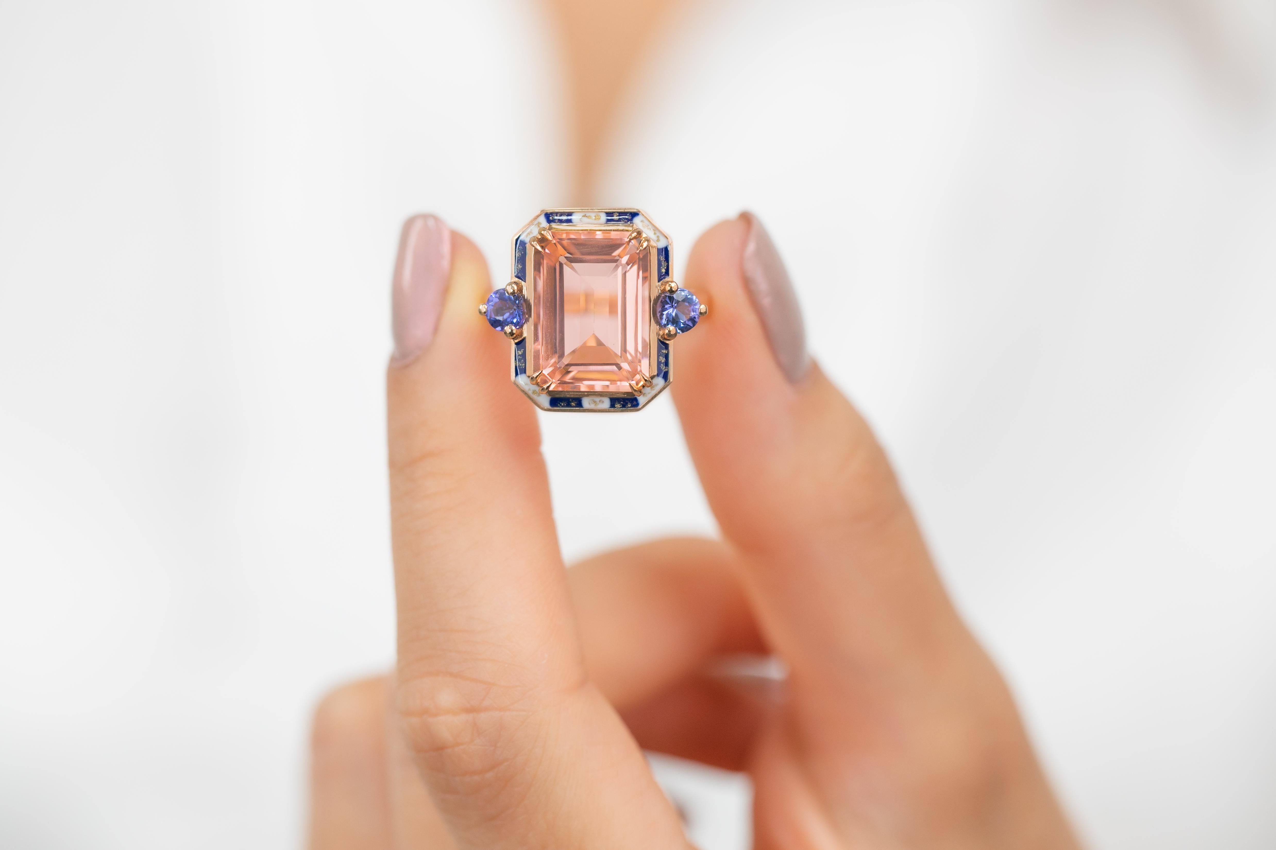 For Sale:  Art Deco Style 14k Solid Gold, Pink Quartz and Ceylon Sapphire Stone Ring 9