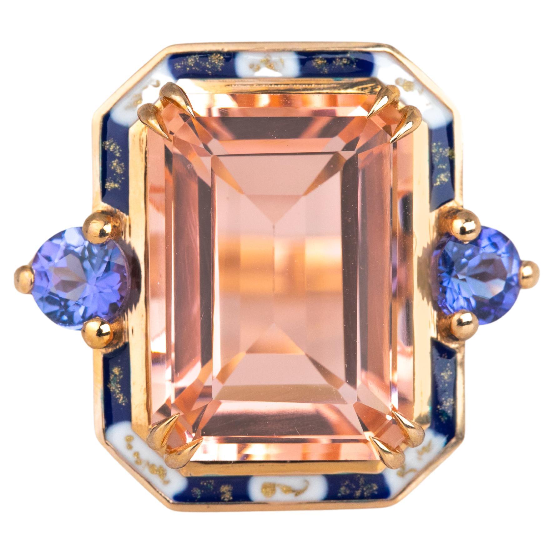 Art Deco Style 14k Solid Gold, Pink Quartz and Ceylon Sapphire Stone Ring