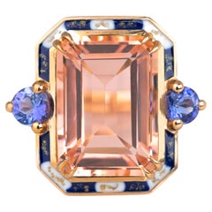 Art Deco Style 14k Solid Gold, Pink Quartz and Ceylon Sapphire Stone Ring
