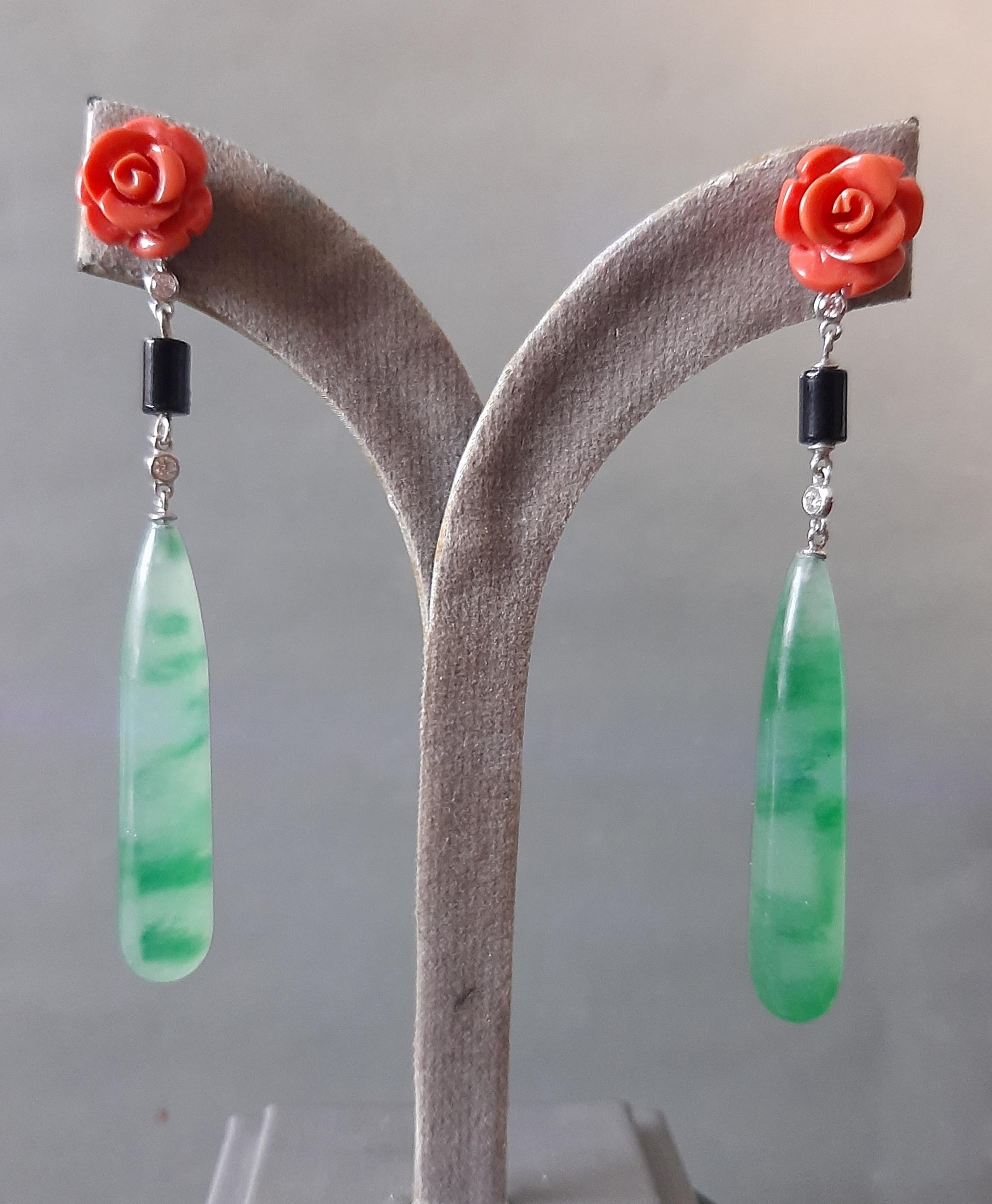 Antique Cushion Cut Art Deco Style 14K Solid White Gold Diamonds Black Onyx Jade Drops Earrings For Sale