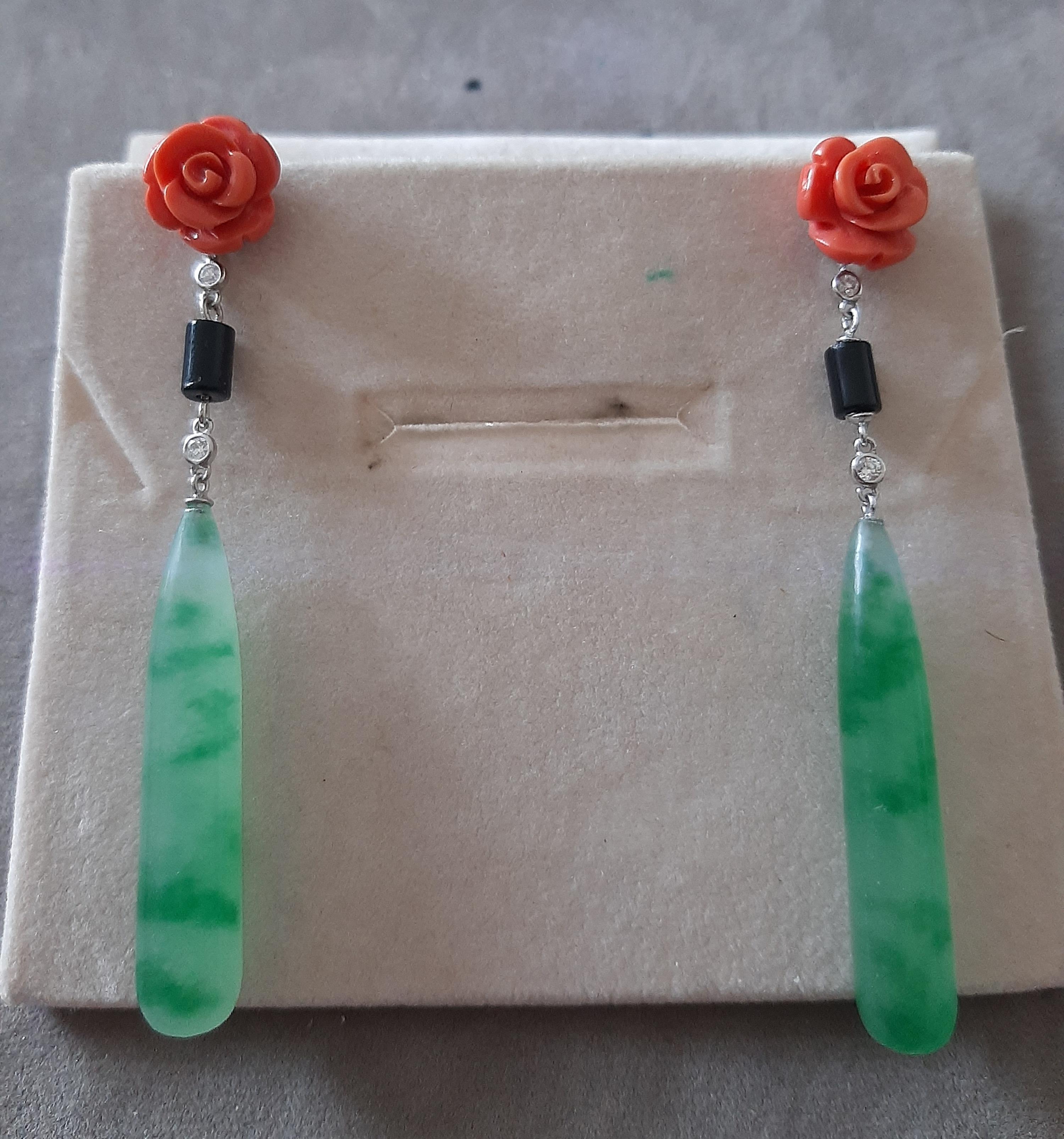 Art Deco Style 14K Solid White Gold Diamonds Black Onyx Jade Drops Earrings In New Condition For Sale In Bangkok, TH