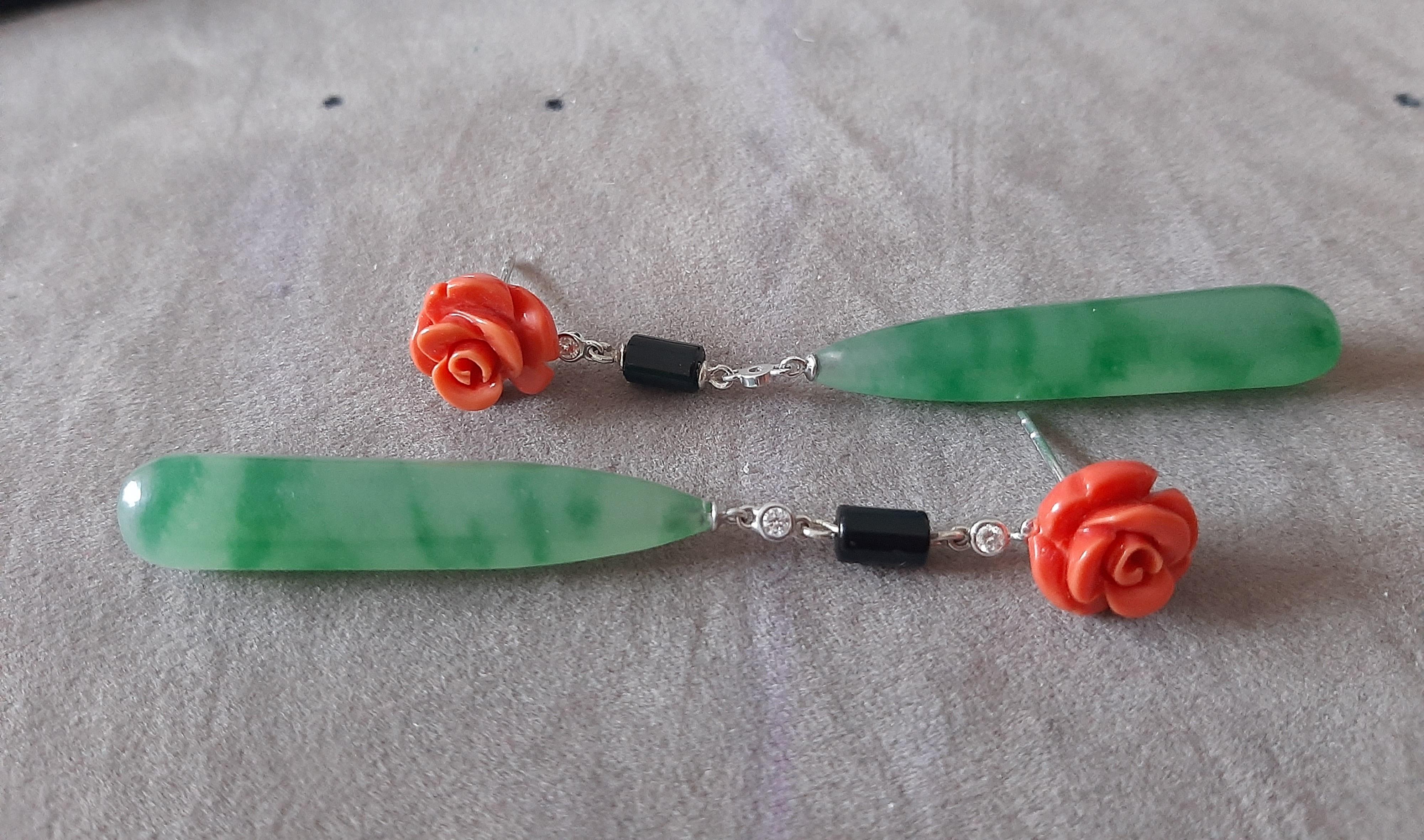 Women's Art Deco Style 14K Solid White Gold Diamonds Black Onyx Jade Drops Earrings For Sale