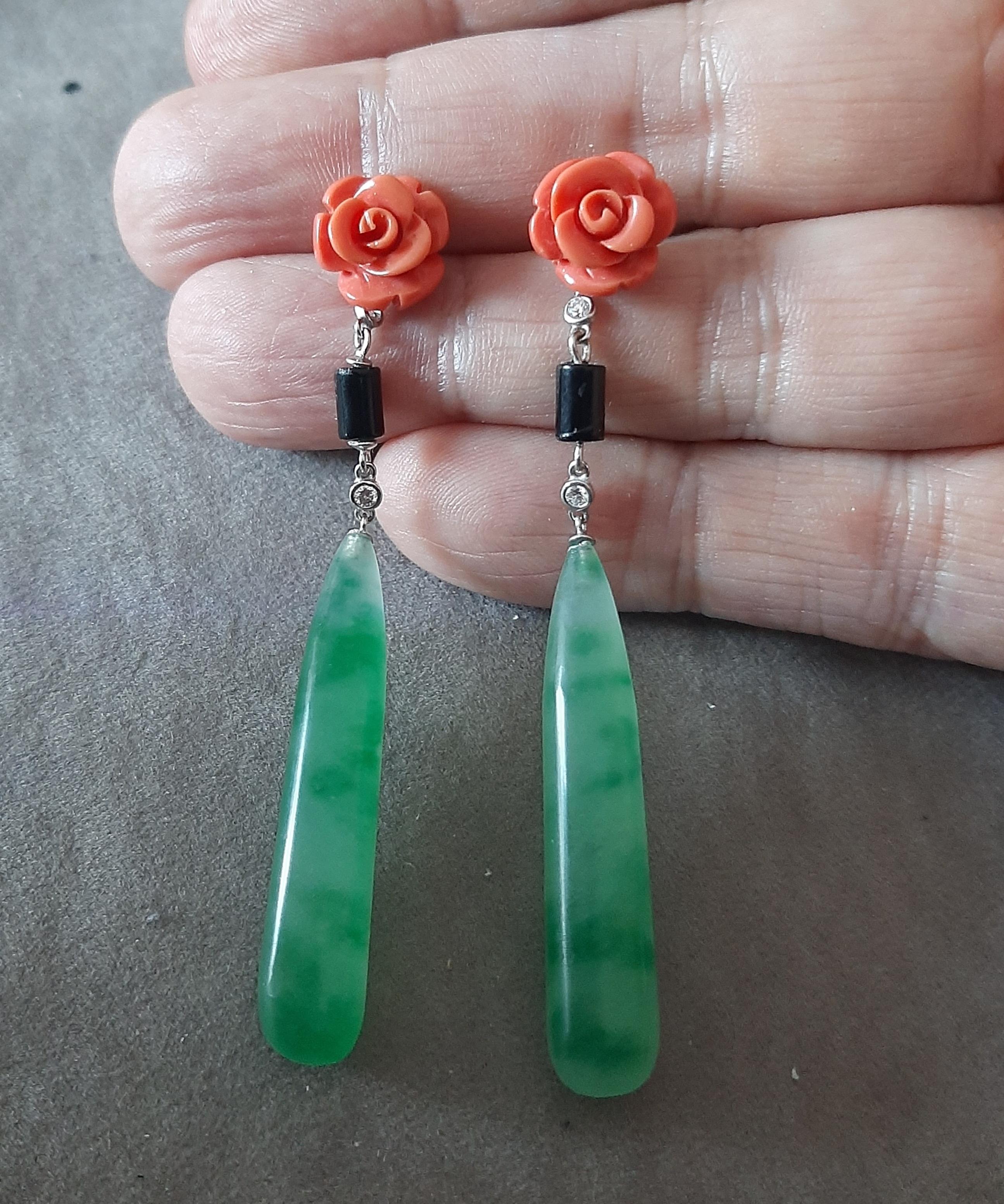 Art Deco Style 14K Solid White Gold Diamonds Black Onyx Jade Drops Earrings For Sale 1