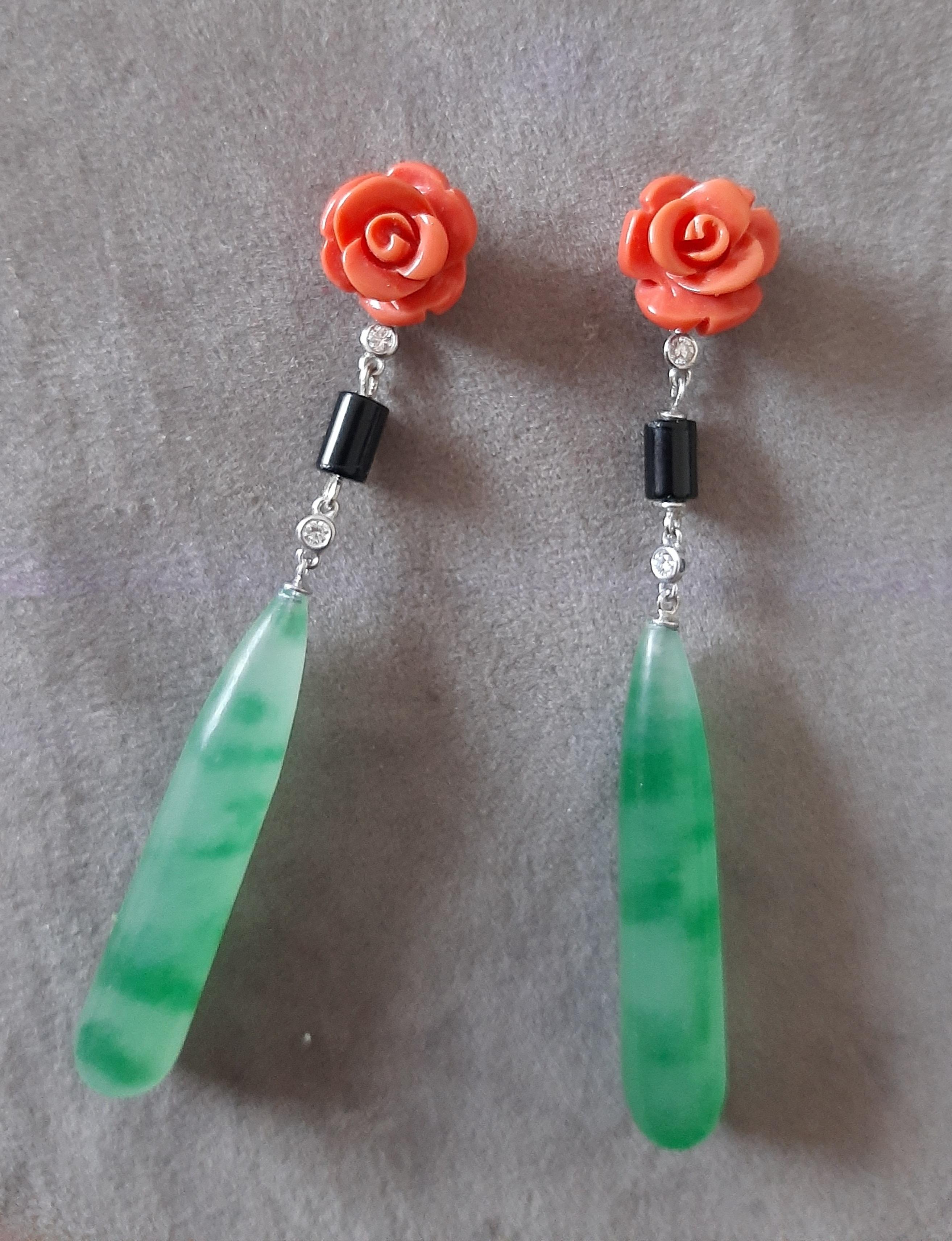 Art Deco Style 14K Solid White Gold Diamonds Black Onyx Jade Drops Earrings For Sale 2