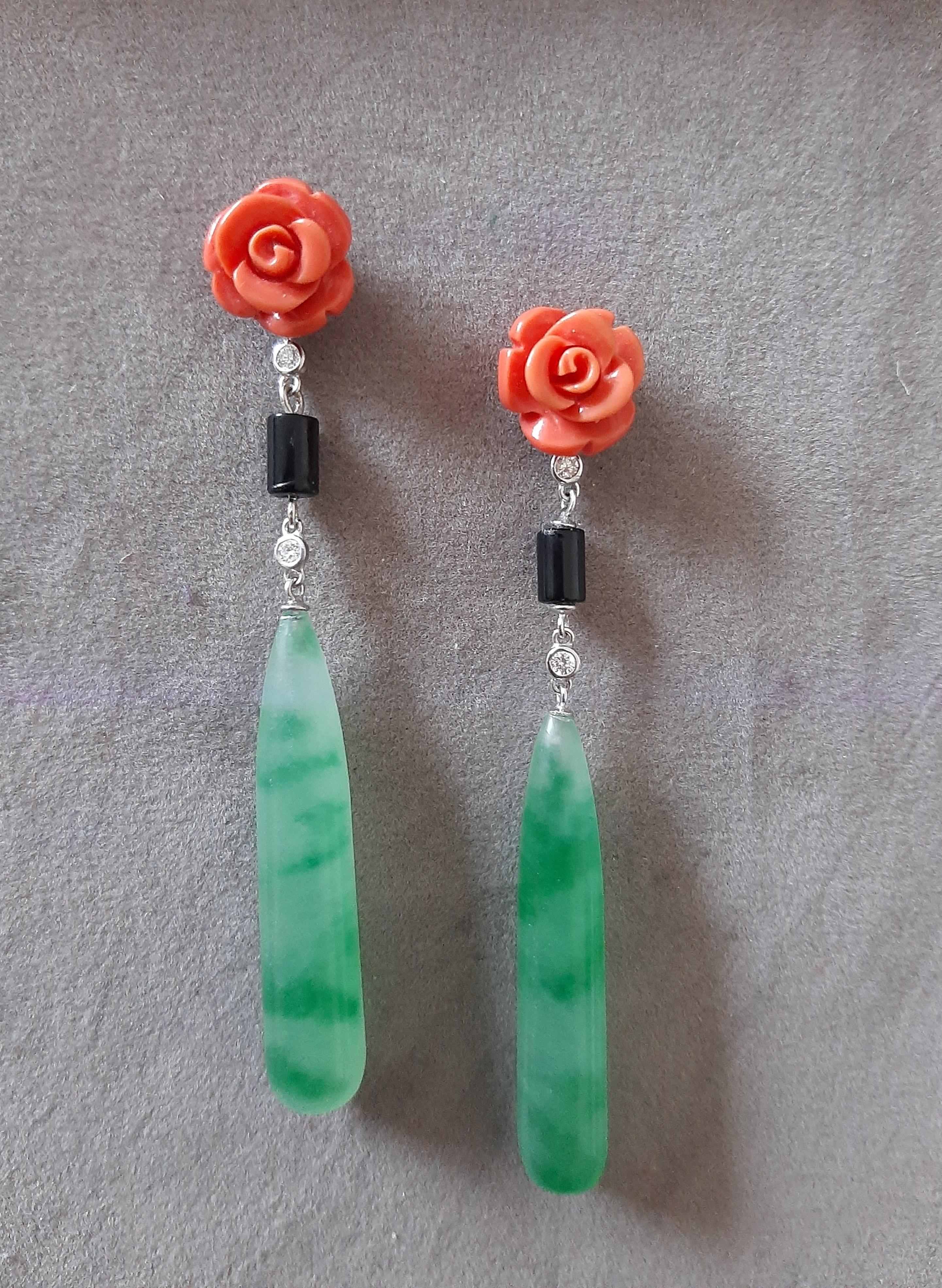 Art Deco Style 14K Solid White Gold Diamonds Black Onyx Jade Drops Earrings For Sale 3