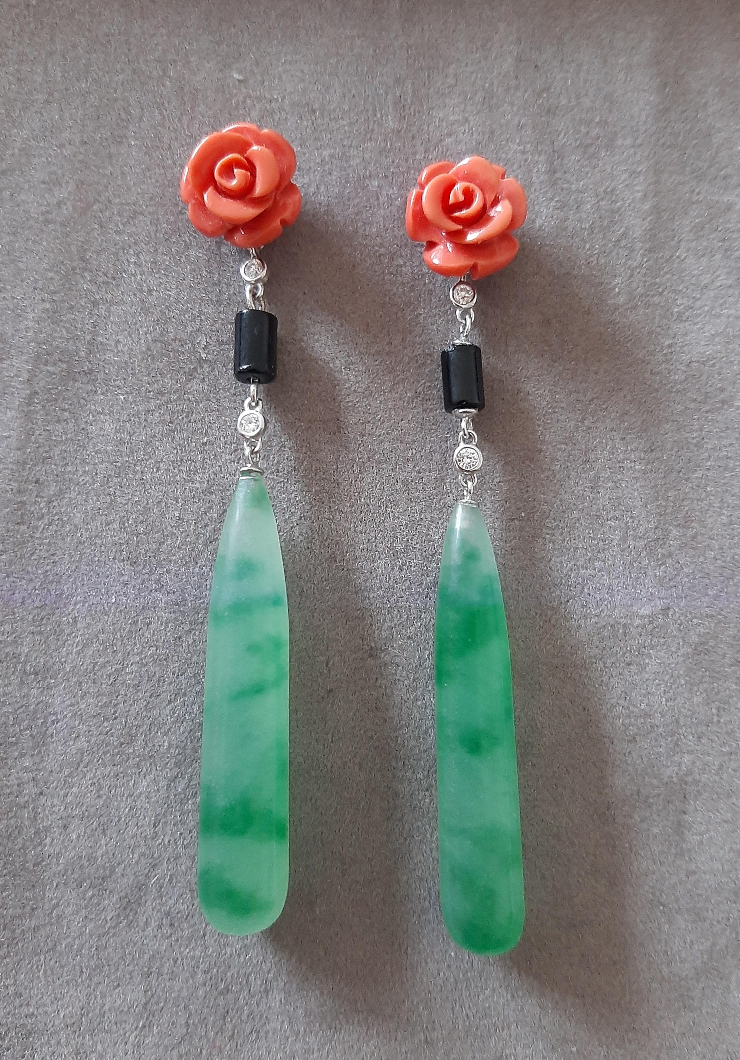 Art Deco Style 14K Solid White Gold Diamonds Black Onyx Jade Drops Earrings For Sale 4
