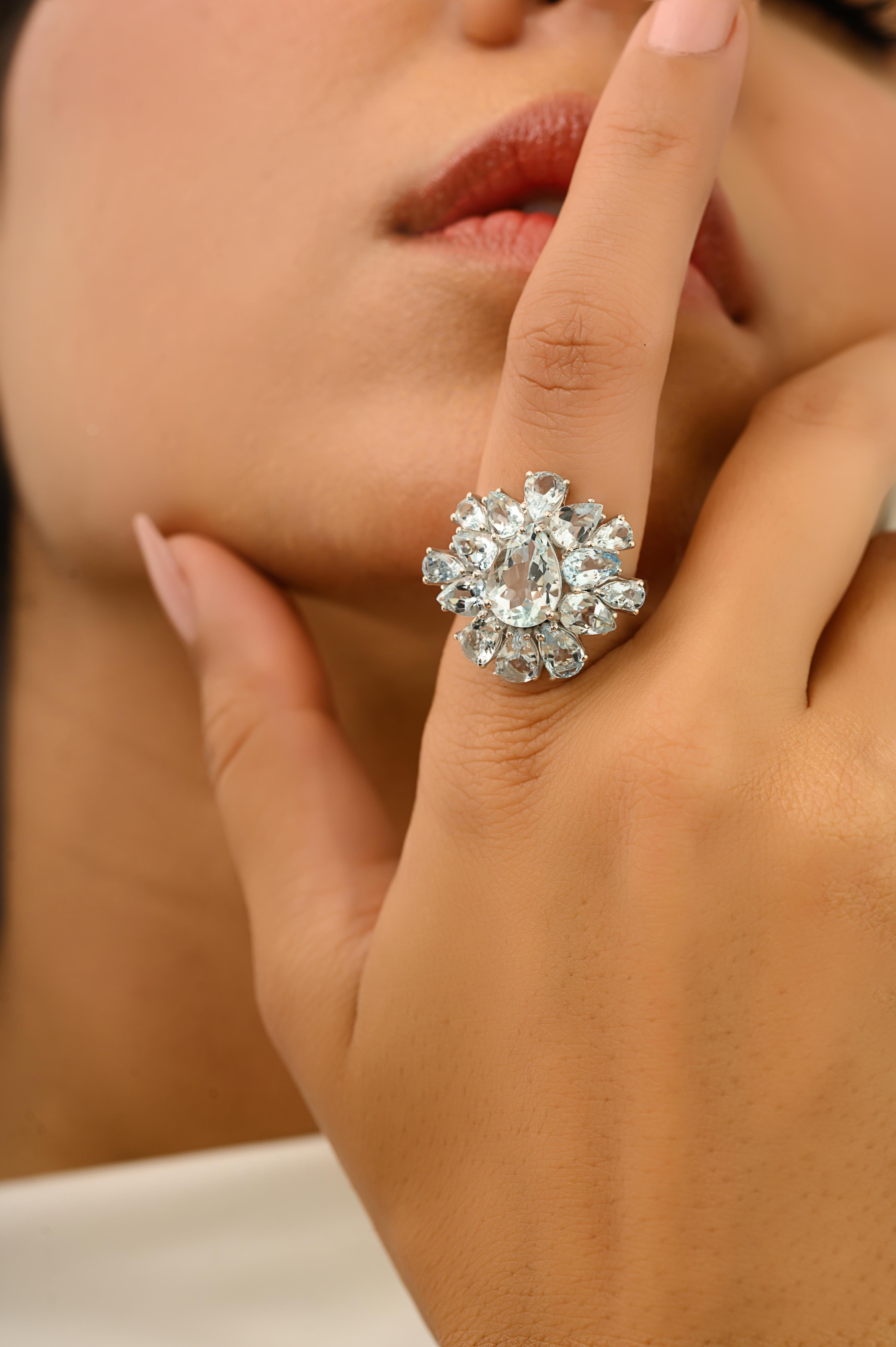 For Sale:  Art Deco Style 14k White Gold Cocktail Ring with 5.66 CTW Pear Cut Aquamarine 10