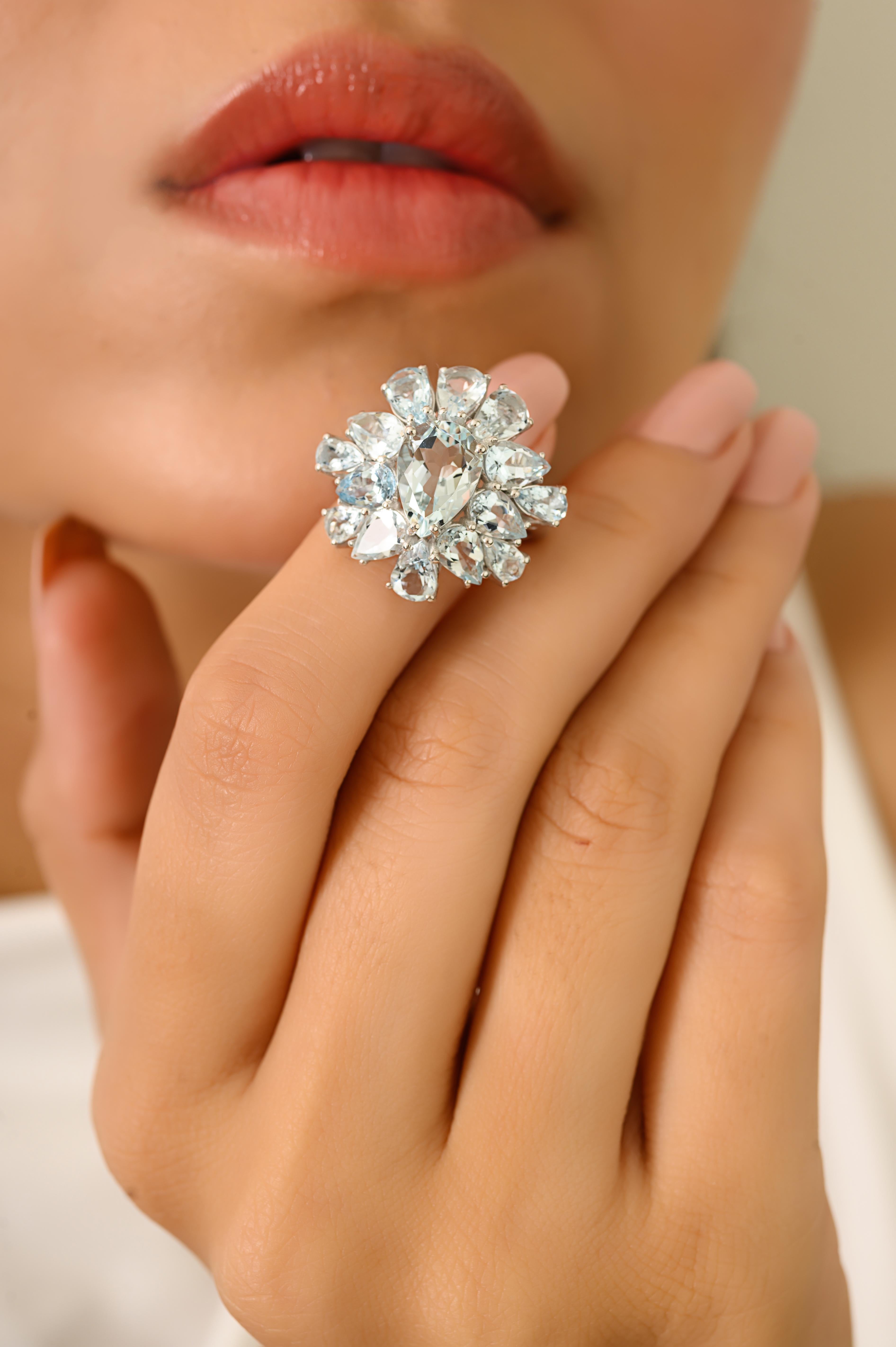 For Sale:  Art Deco Style 14k White Gold Cocktail Ring with 5.66 CTW Pear Cut Aquamarine 4