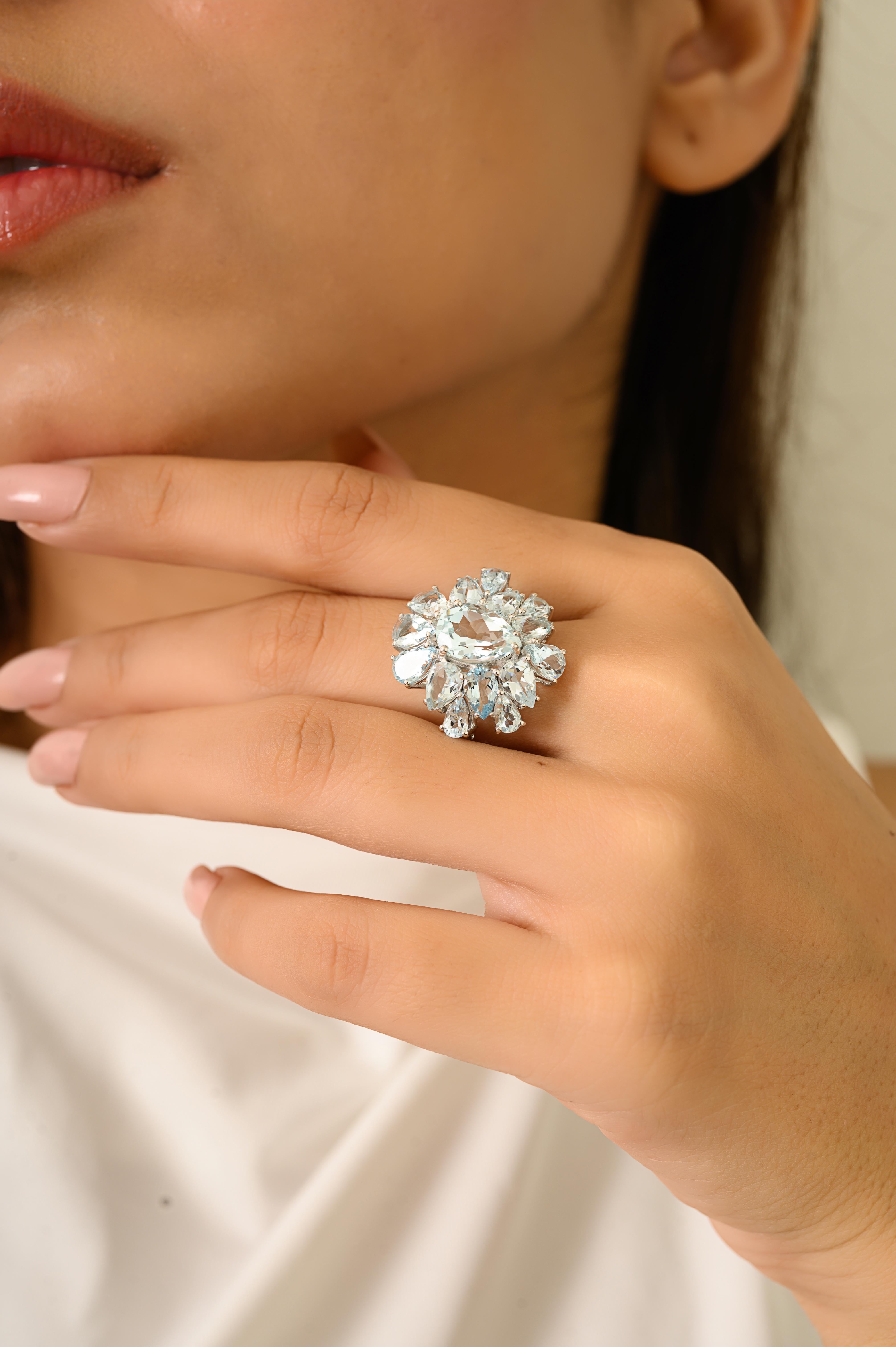 For Sale:  Art Deco Style 14k White Gold Cocktail Ring with 5.66 CTW Pear Cut Aquamarine 6