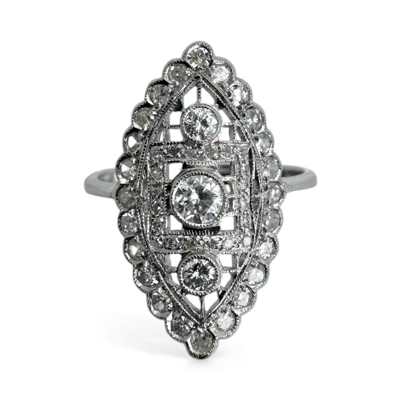 Anello Navette con diamanti in oro bianco 14K in stile Art Deco