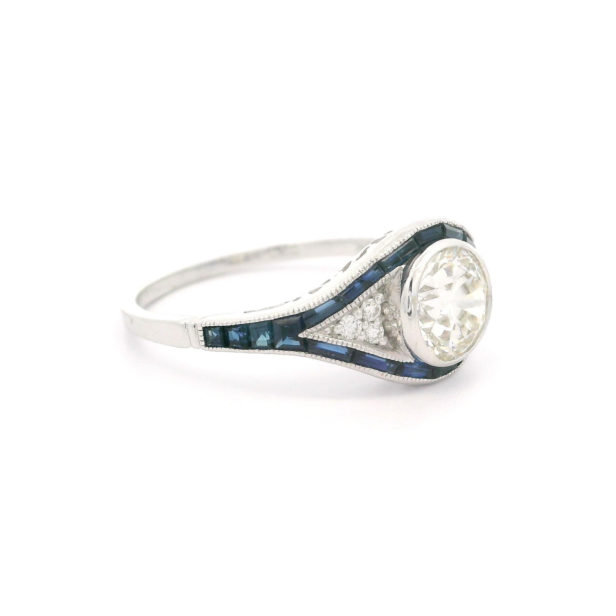 Art Deco Style 14k White Gold IGI 1.26ctw Diamond & Sapphire Eye Ring For Sale 5