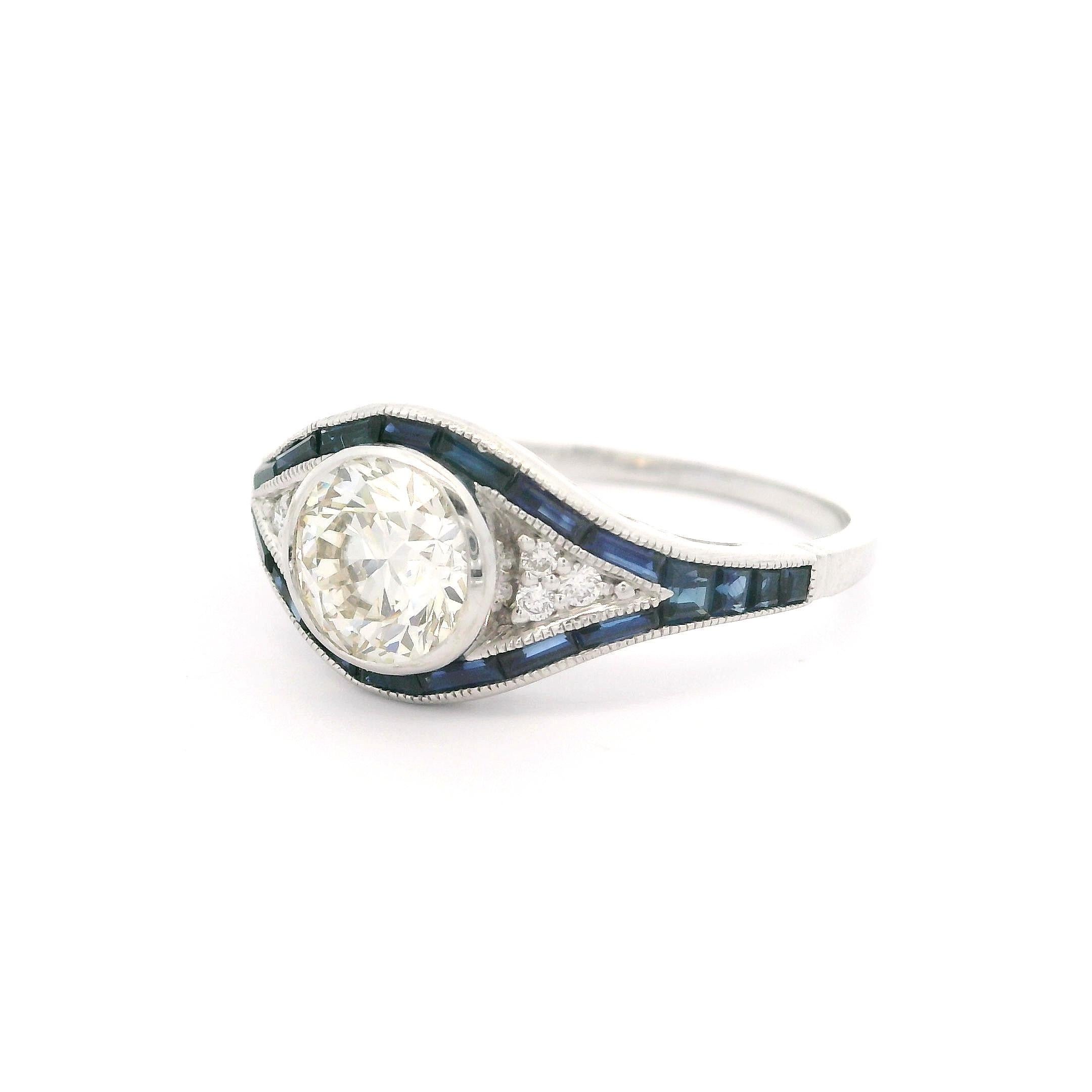 Art Deco Style 14k White Gold IGI 1.26ctw Diamond & Sapphire Eye Ring For Sale 6