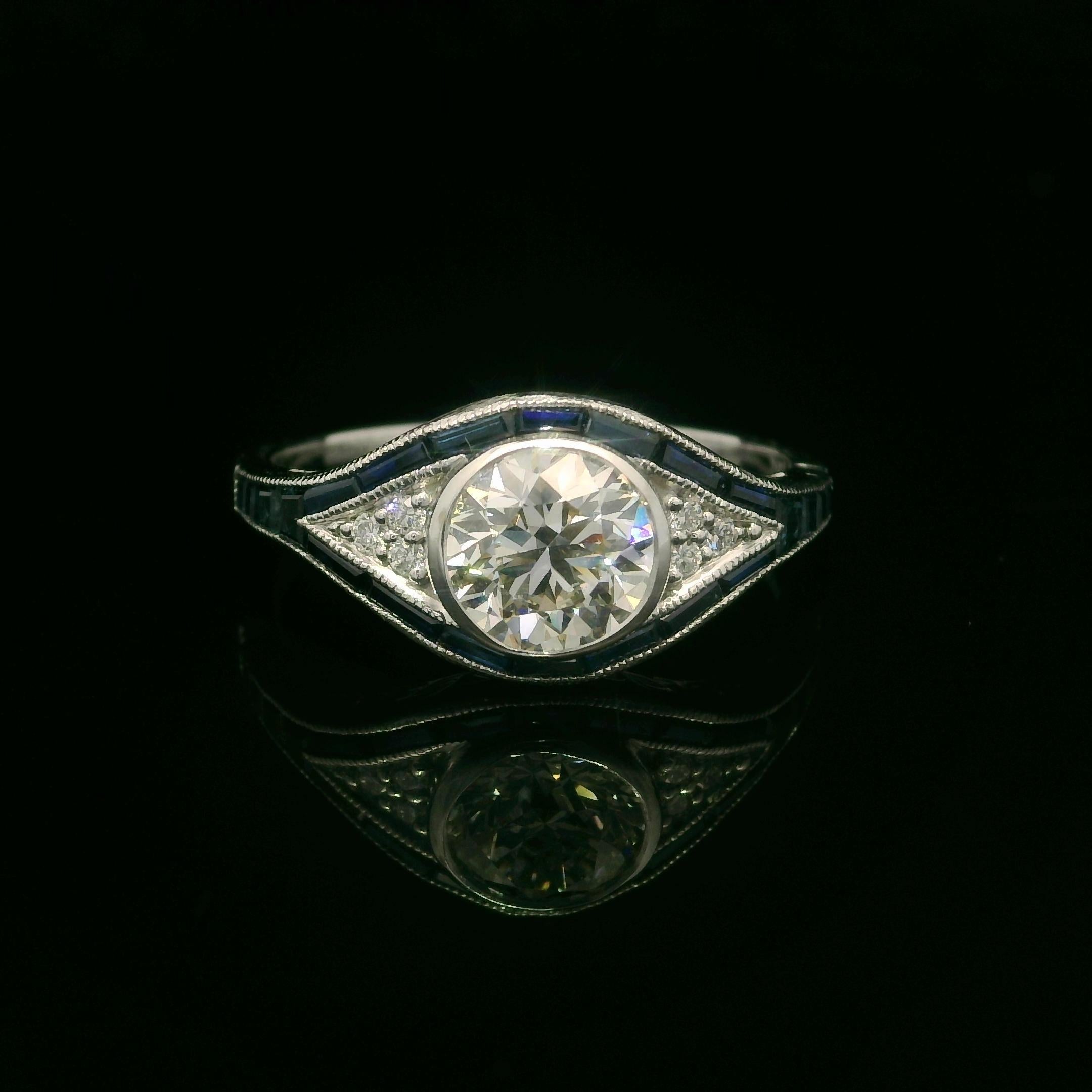 Brilliant Cut Art Deco Style 14k White Gold IGI 1.26ctw Diamond & Sapphire Eye Ring For Sale