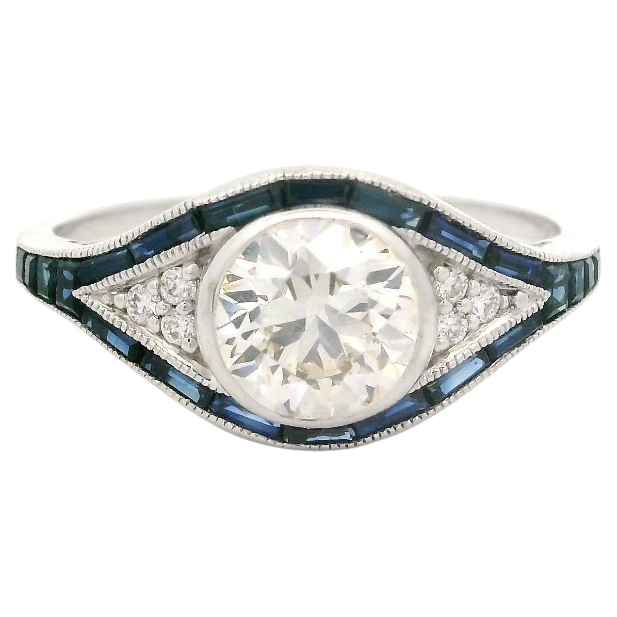 Art Deco Style 14k White Gold IGI 1.26ctw Diamond & Sapphire Eye Ring For Sale