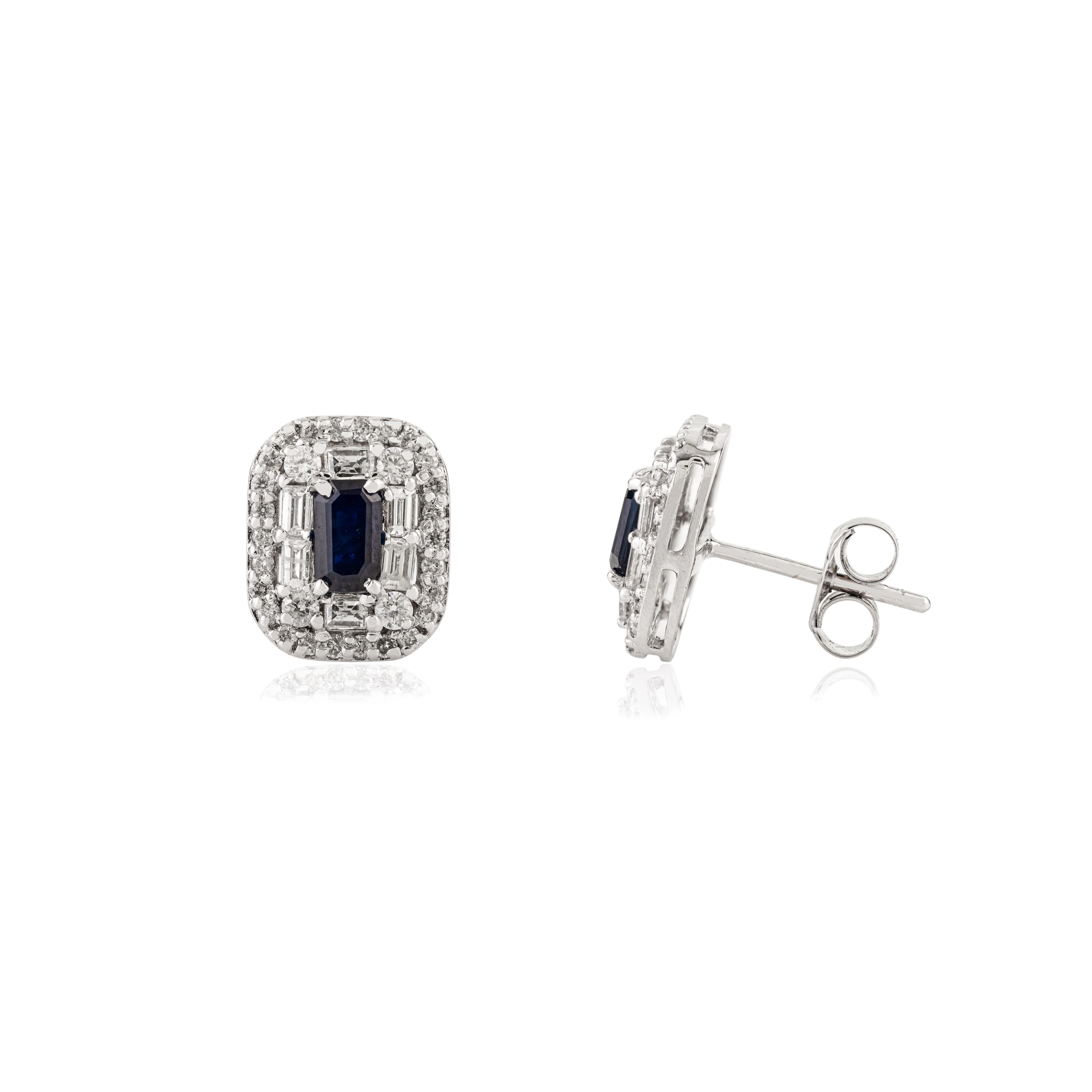 Art Deco-Style 14K White Gold Octagon Blue Sapphire & Diamond Halo Stud Earrings en Nuevo estado para la venta en New York, NY