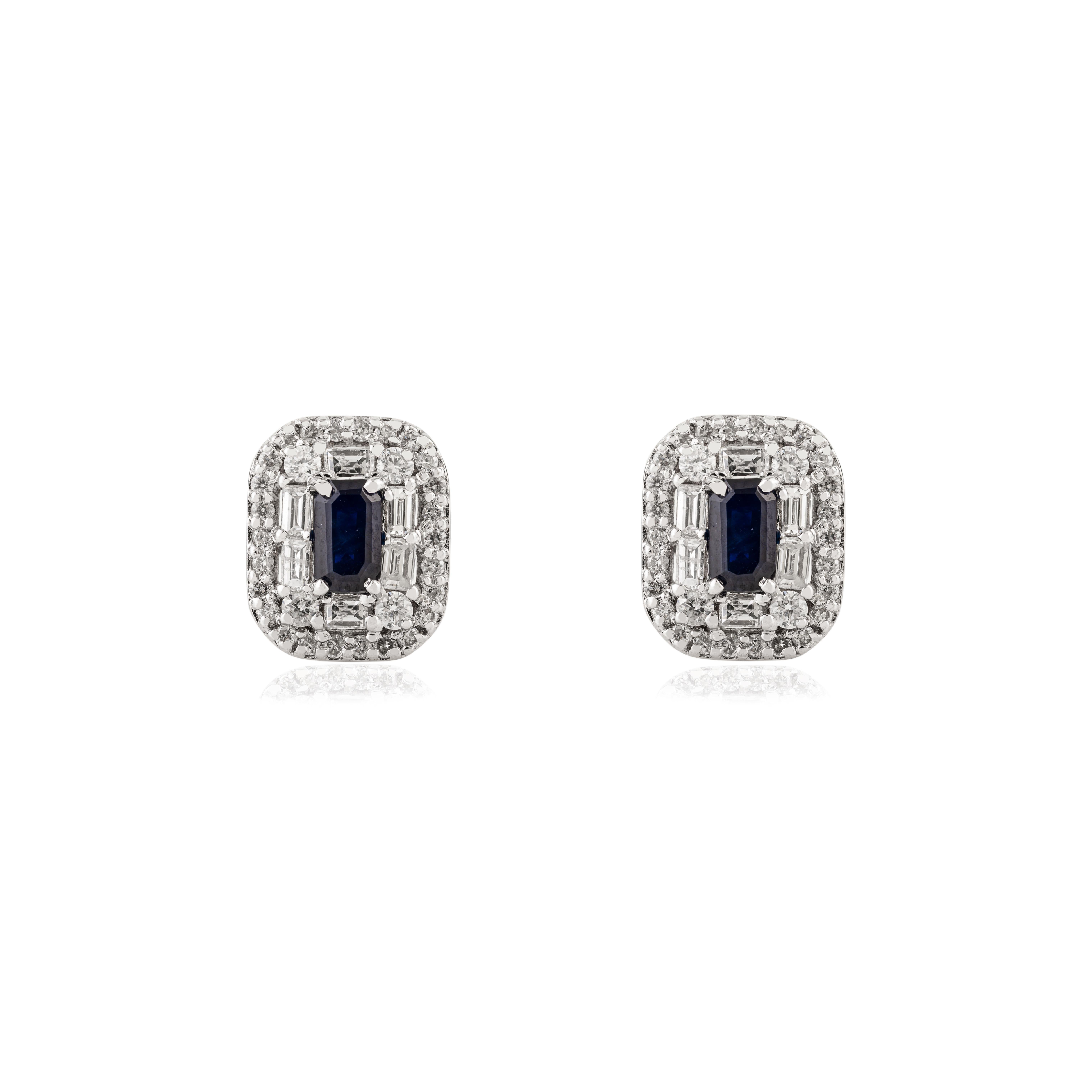 Art Deco-Style 14K White Gold Octagon Blue Sapphire & Diamond Halo Stud Earrings en venta 1