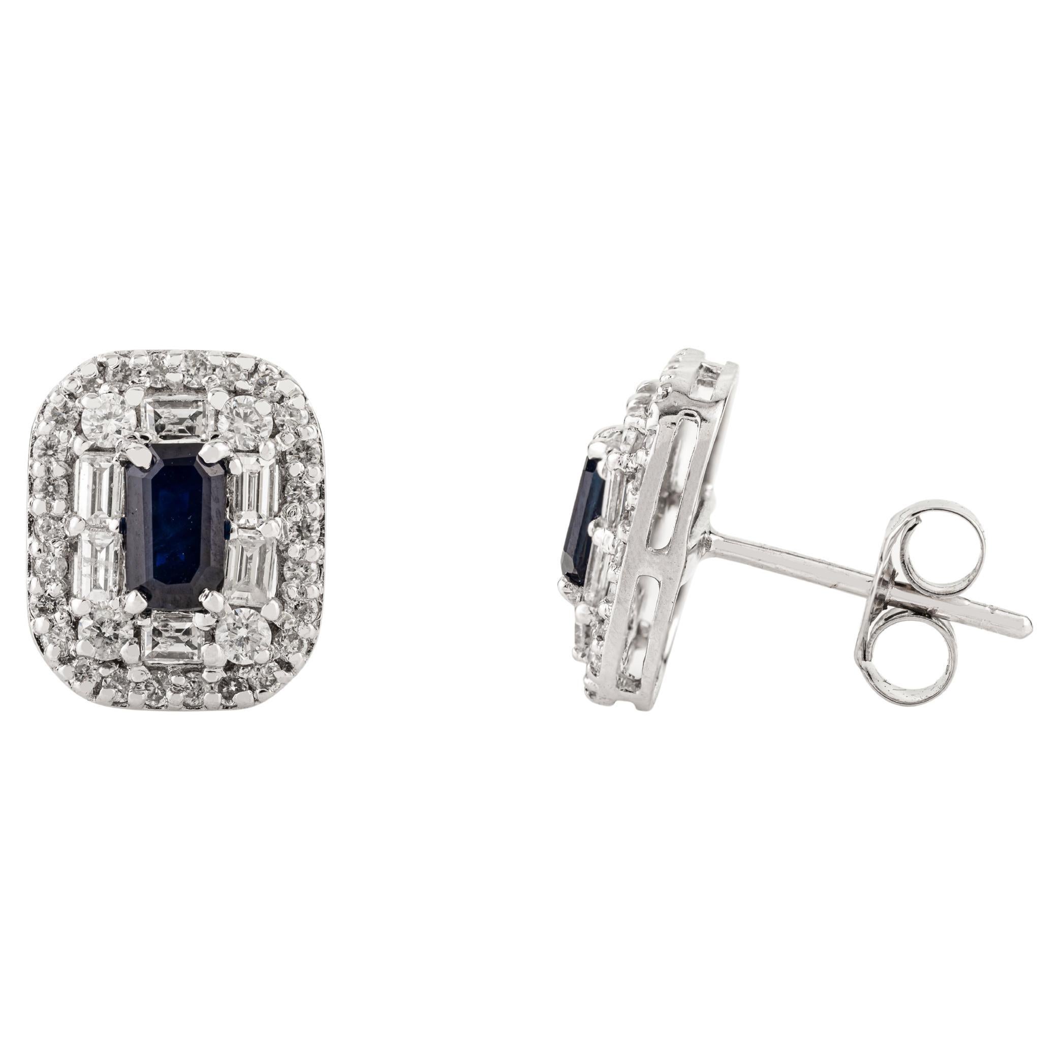 Art Deco-Style 14K White Gold Octagon Blue Sapphire 
Diamond Halo Stud Earrings en venta