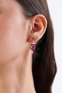 Art Deco Style 14K White Gold Ruby, Diamond & Black Enamel Hoop Earrings, 3.19ct