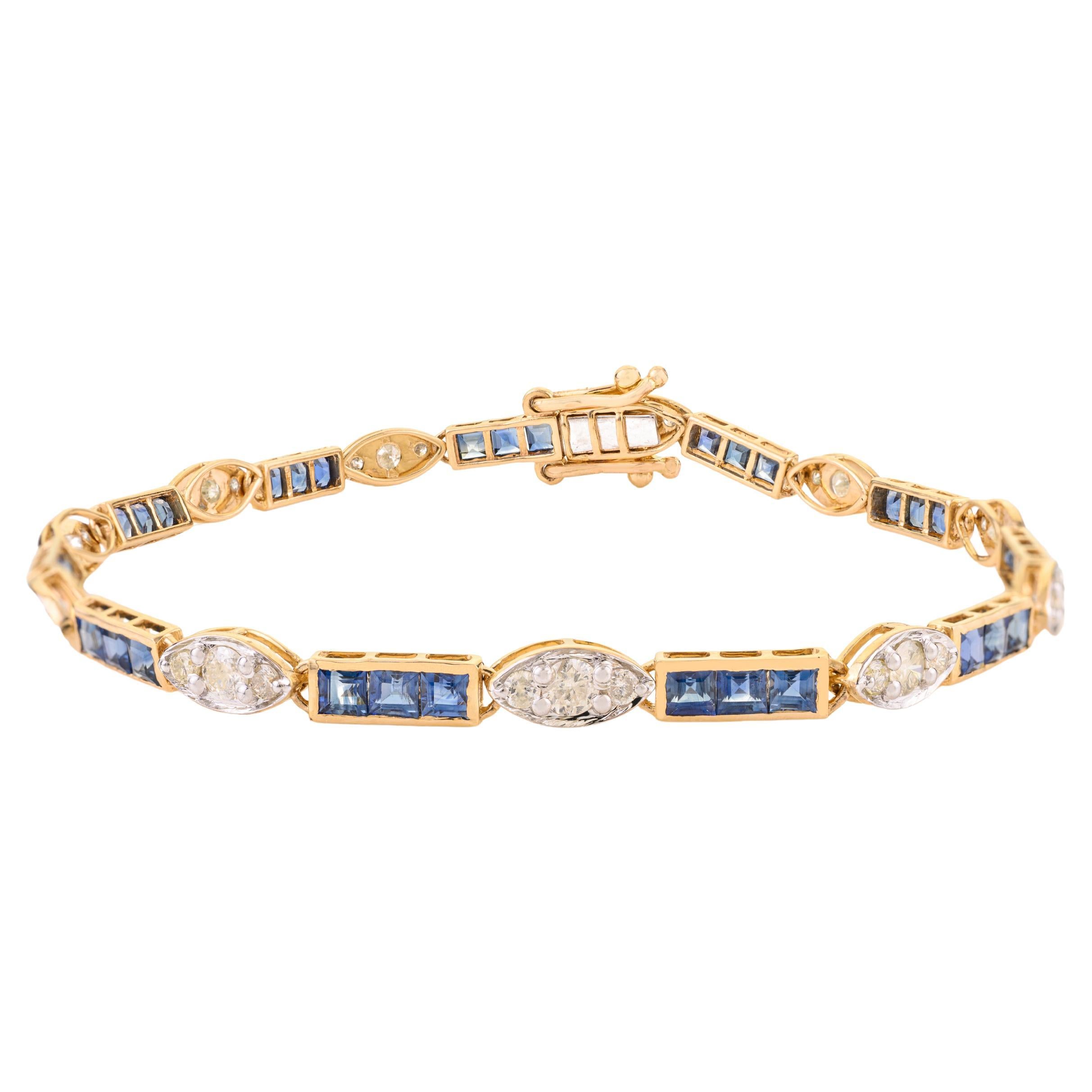 Art Deco Style 14K Yellow Gold 3.51Ct Sapphire 
1.24Ct Diamond Tennis Bracelet For Sale