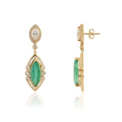 Art Deco Style 14K Yellow Gold 6.9ct Emerald & 3.24ct Diamond Drop Earrings
