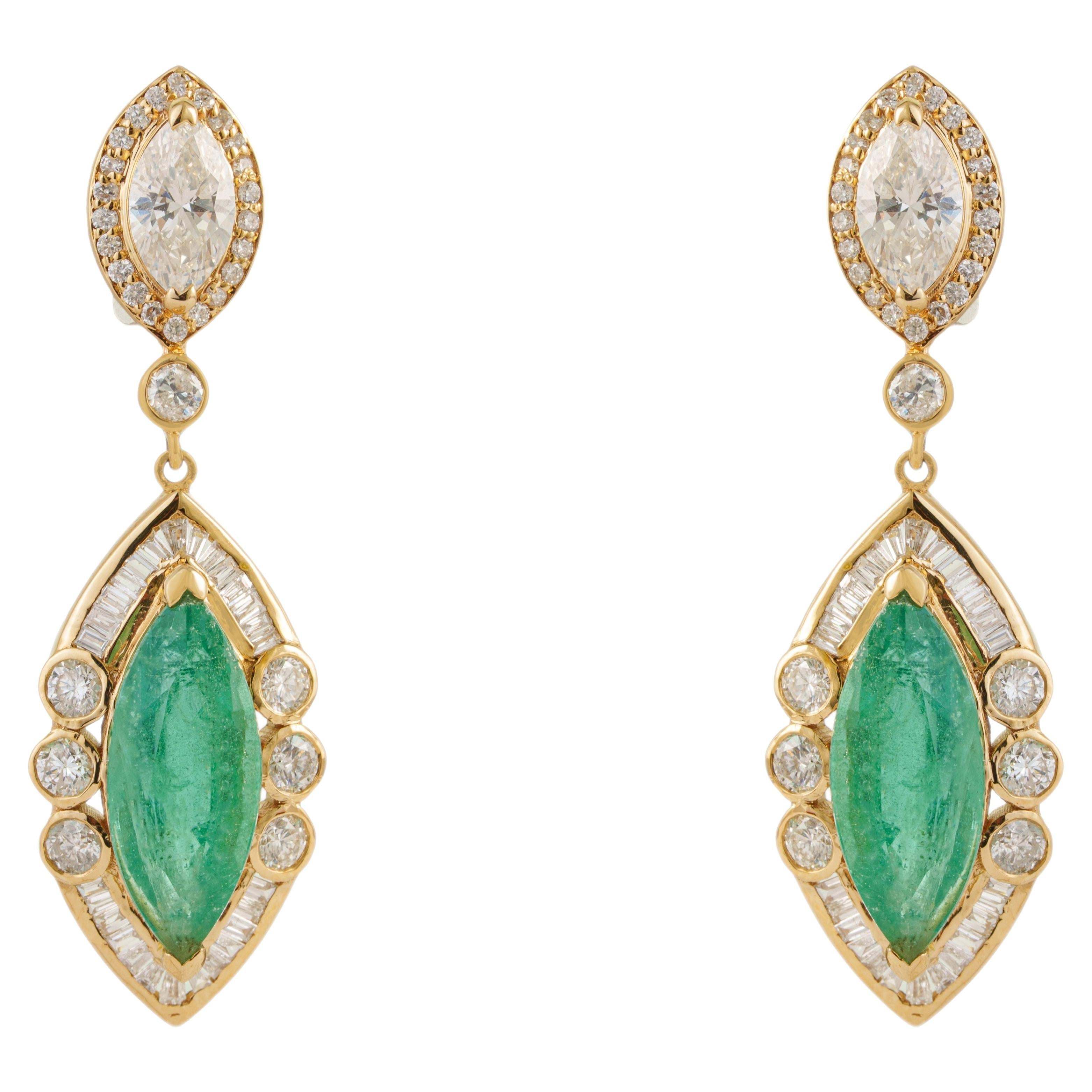 Art Deco Style 14K Yellow Gold 6.9ct Emerald & 3.24ct Diamond Drop Earrings For Sale