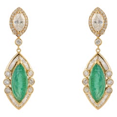 Art Deco Style 14K Yellow Gold 6.9ct Emerald & 3.24ct Diamond Drop Earrings