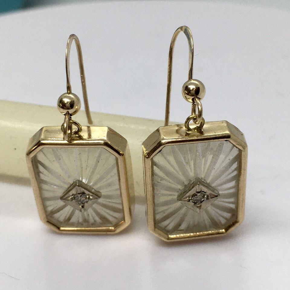 Women's Art Deco Style 14k Yellow Gold Camphor Glass Diamond Earrings For Sale