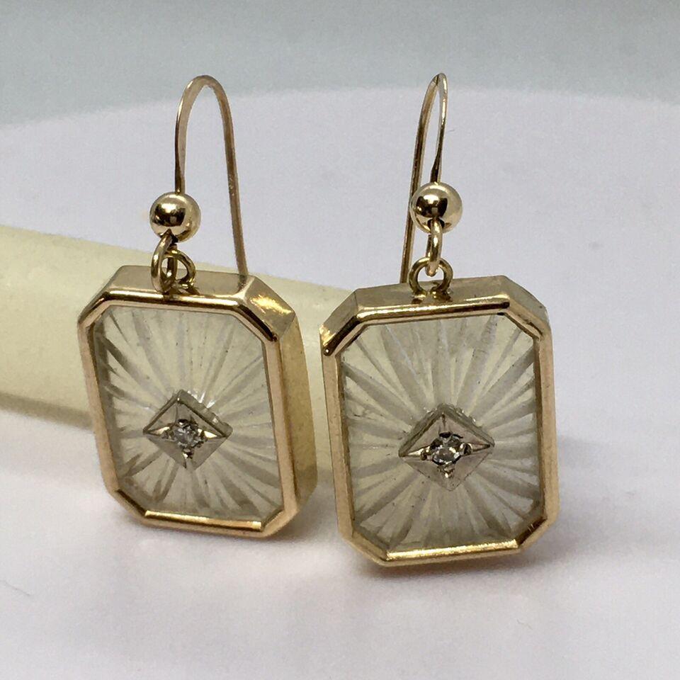 Art Deco Style 14k Yellow Gold Camphor Glass Diamond Earrings For Sale 1