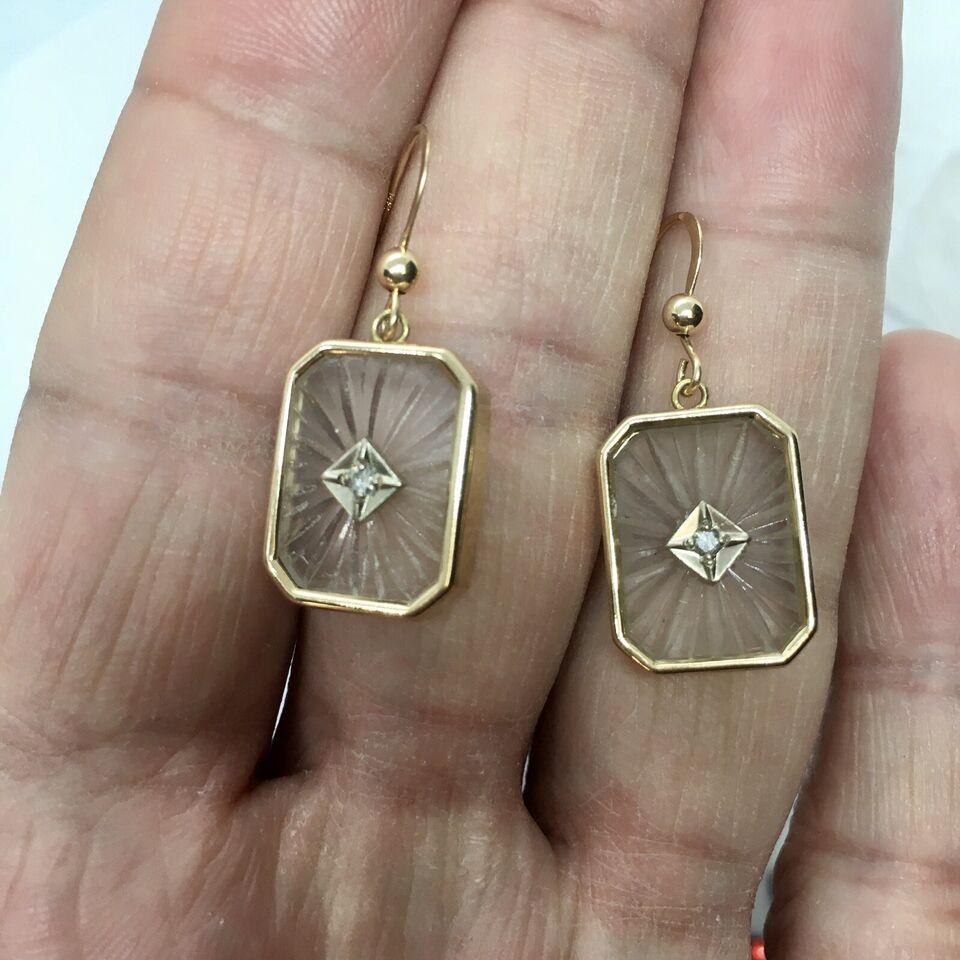 Art Deco Style 14k Yellow Gold Camphor Glass Diamond Earrings For Sale 3