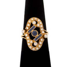 Art Deco Style 14K Yellow Gold Diamond and Sapphire Ring