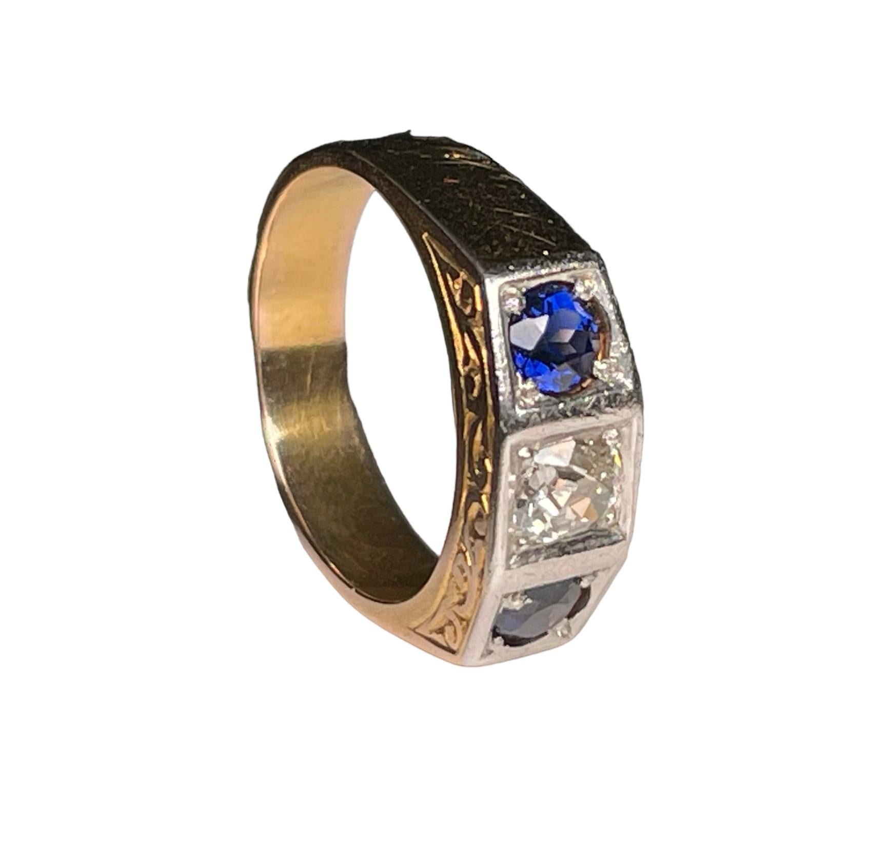 Art Deco Style 14K Yellow Gold Diamond And Sapphires Garter Ring For Sale 1