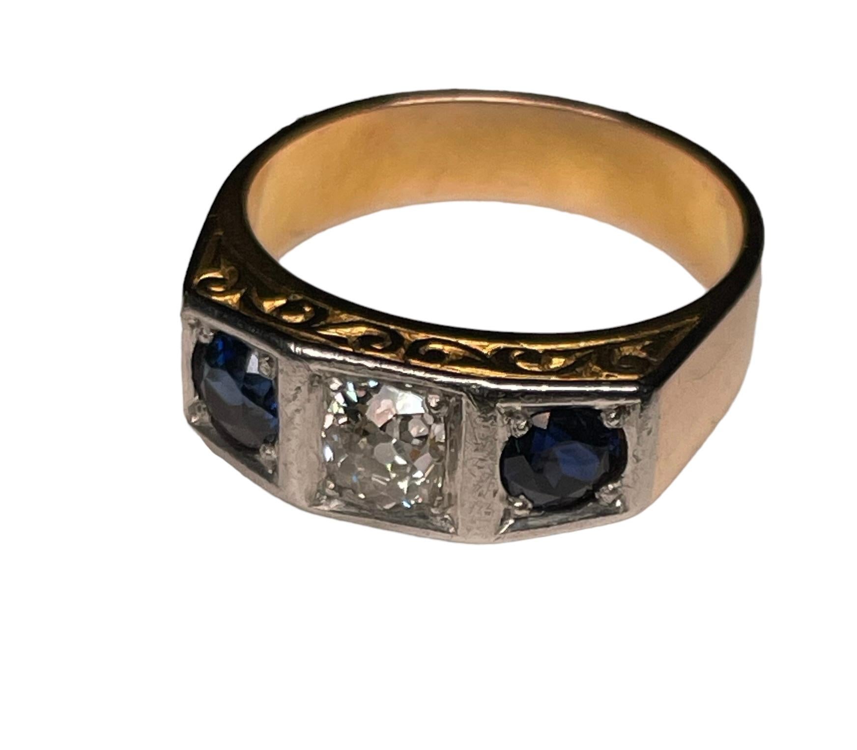 Bague pendante de style Art déco en or jaune 14 carats avec diamants et saphirs en vente 2