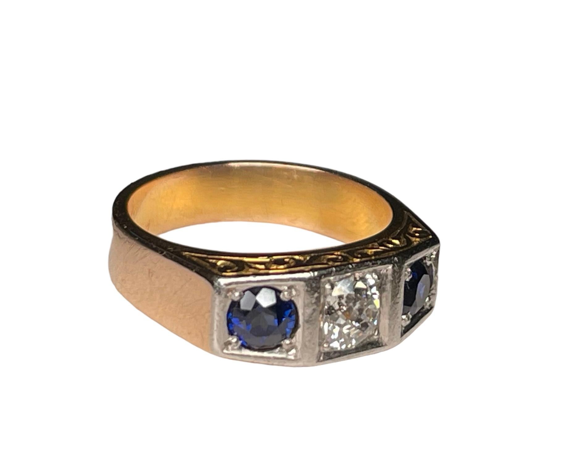 Art Deco Style 14K Yellow Gold Diamond And Sapphires Garter Ring For Sale 4