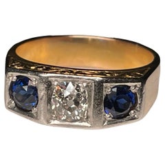 Art Deco Style 14K Yellow Gold Diamond And Sapphires Garter Ring