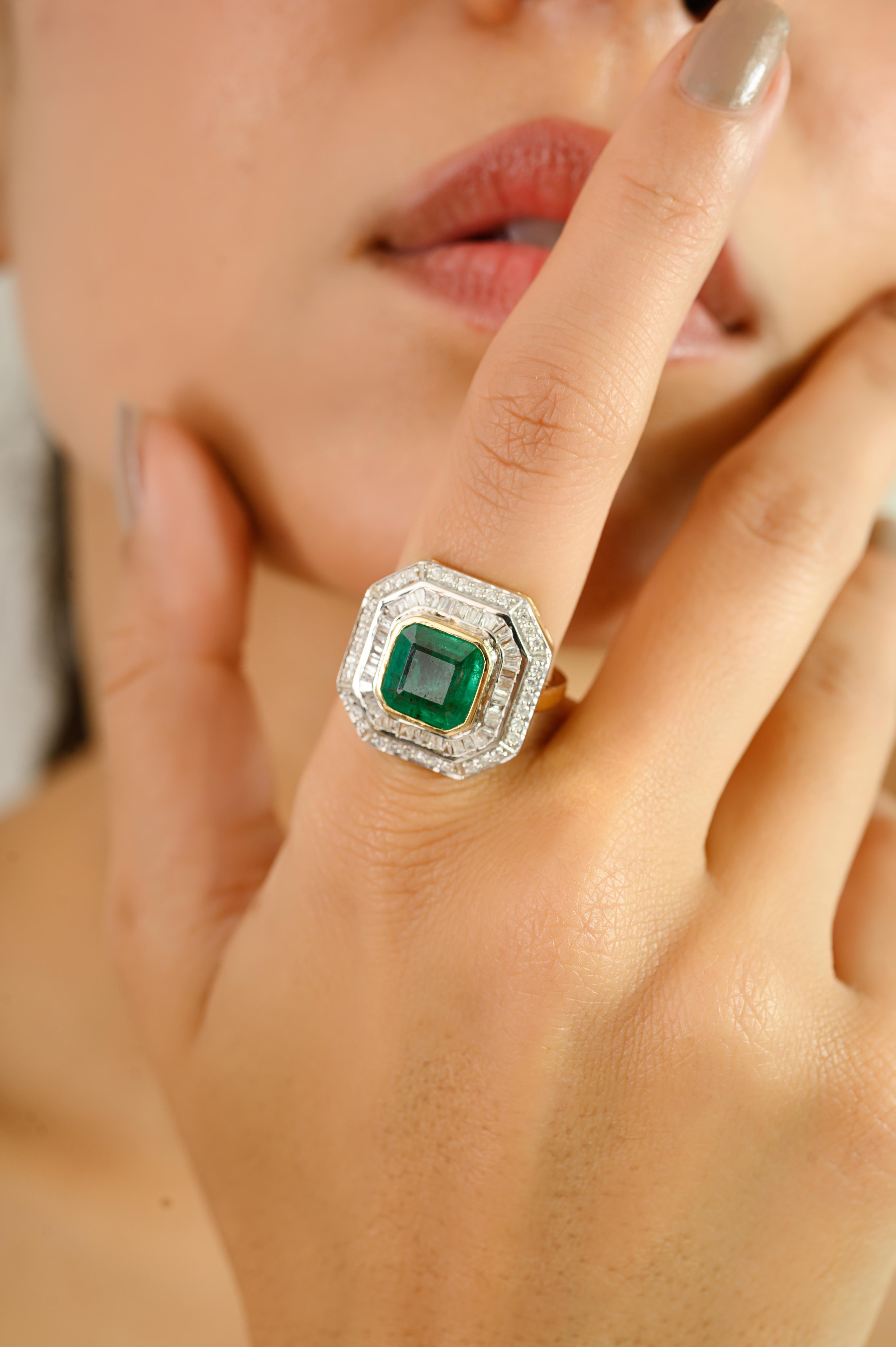 En vente :  Bague de cocktail en or jaune 14K de style Art Déco avec émeraudes et diamants baguettes 4