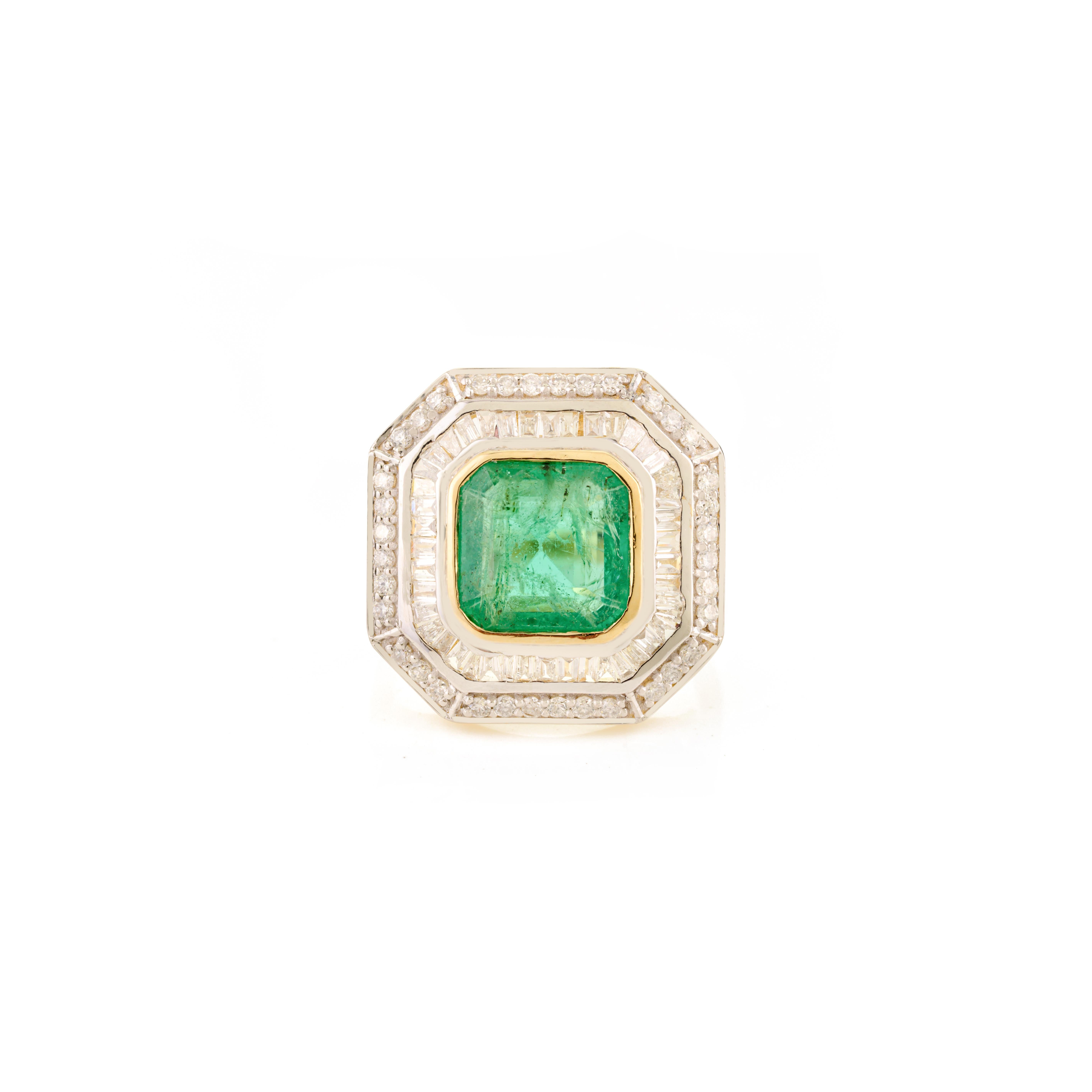 En vente :  Bague de cocktail en or jaune 14K de style Art Déco avec émeraudes et diamants baguettes 5
