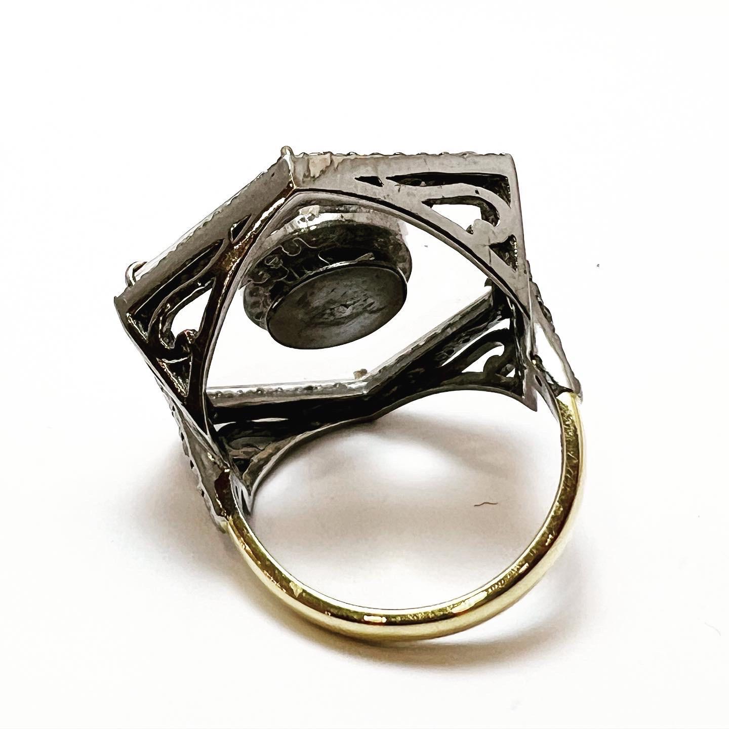 Art Deco Style 14k Yellow Gold Silver Diamond Onyx Quartz Hexagon Cocktail Ring In Good Condition In Pamplona, Navarra