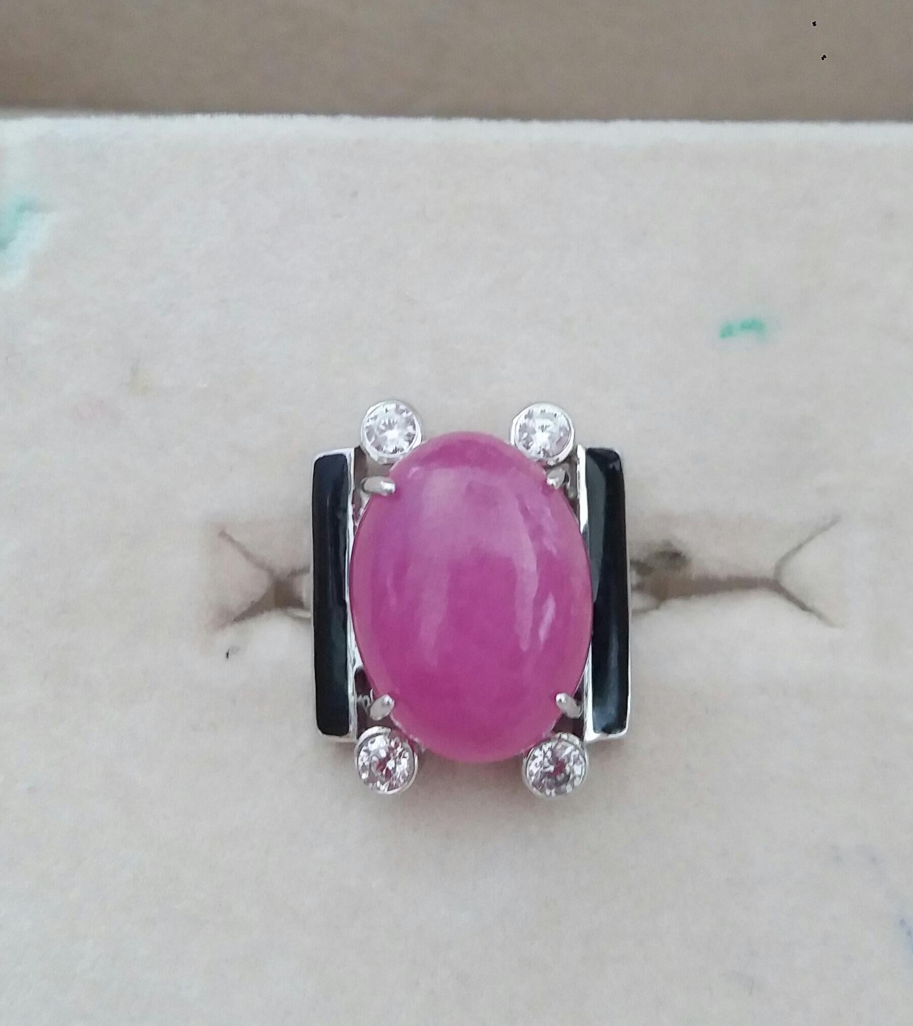 For Sale:  Art Deco Style 15 Carat Oval Ruby Cabochon Diamonds 14k Gold Black Enamel Ring 10