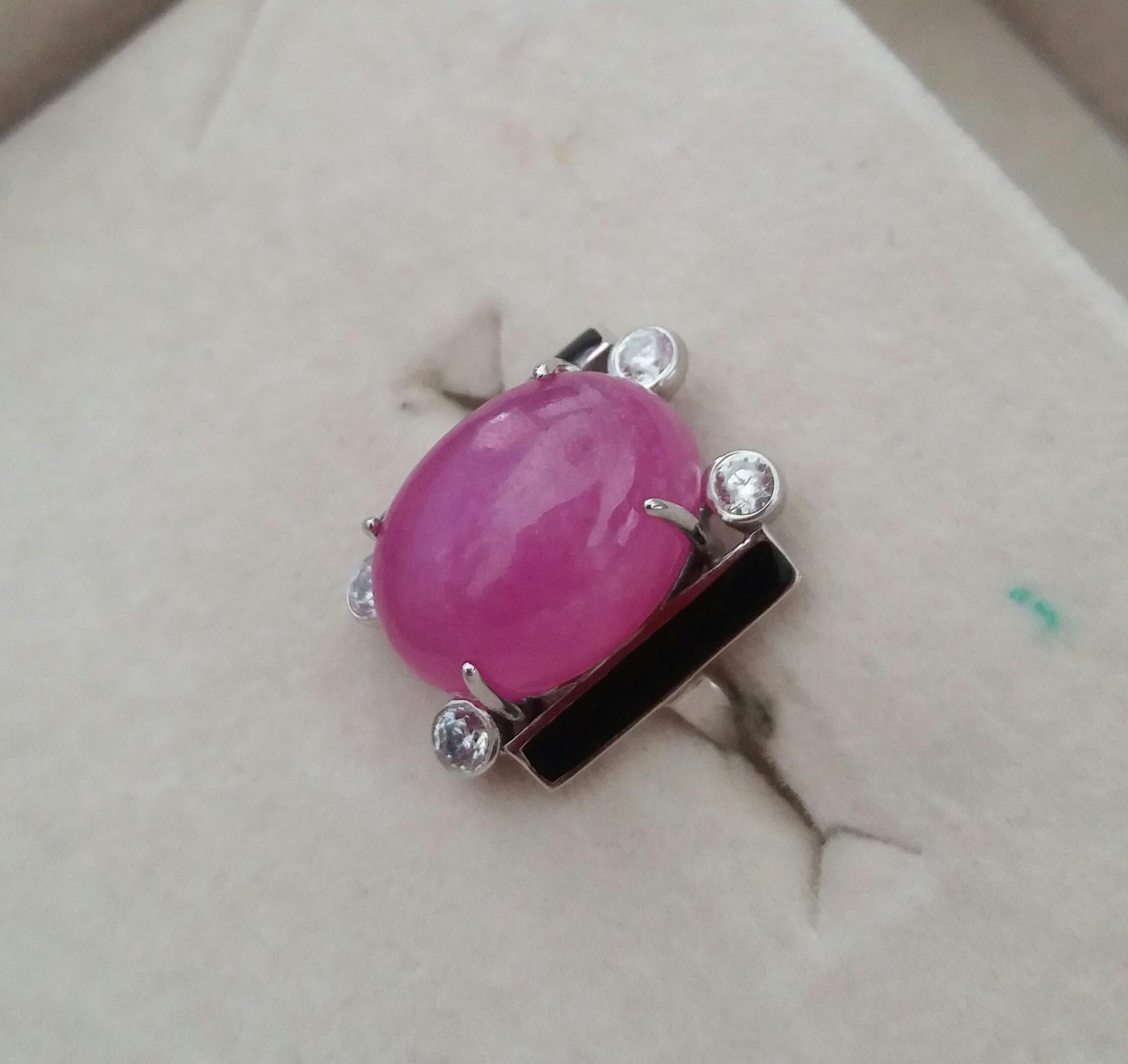 For Sale:  Art Deco Style 15 Carat Oval Ruby Cabochon Diamonds 14k Gold Black Enamel Ring 11