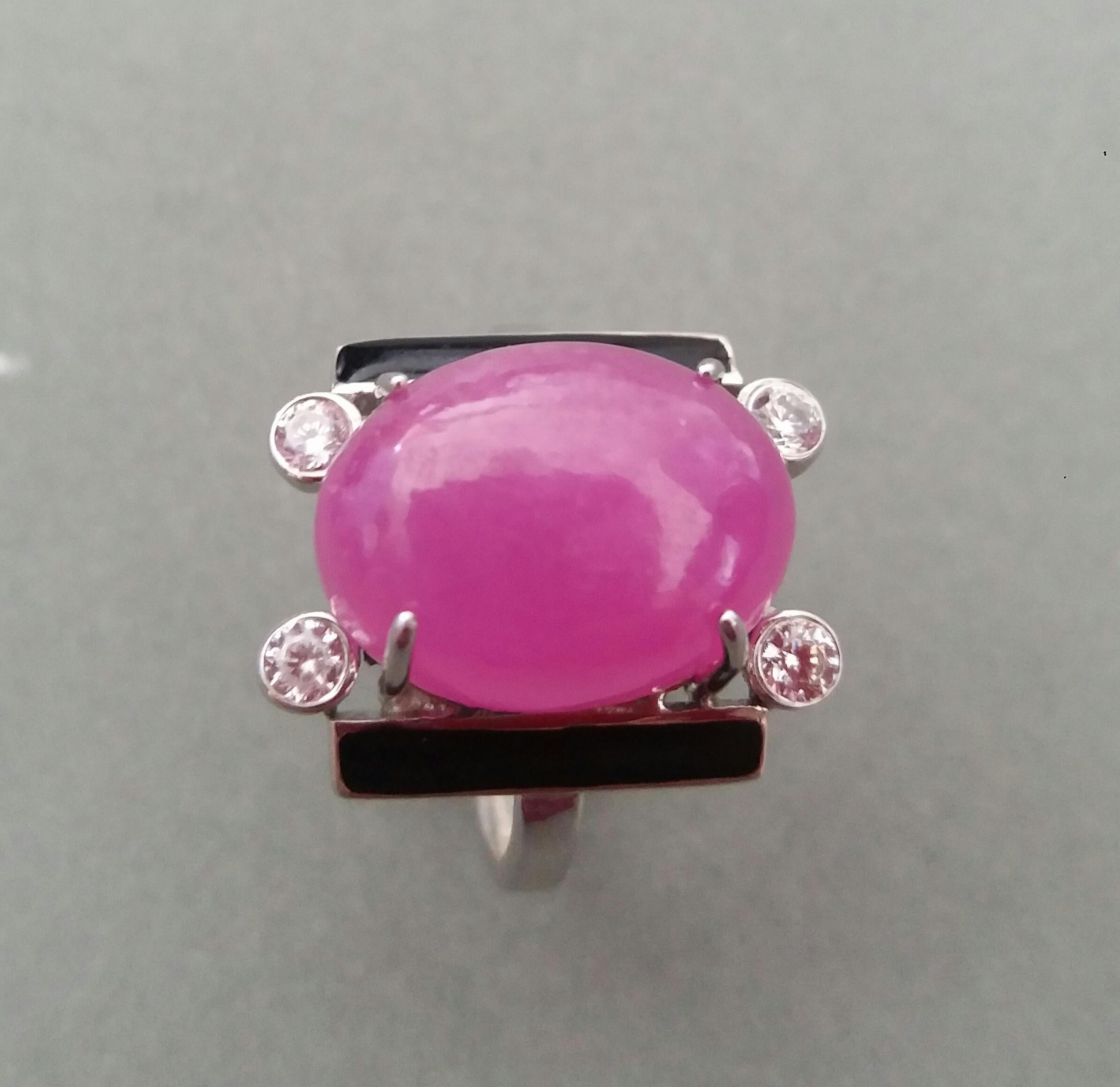 For Sale:  Art Deco Style 15 Carat Oval Ruby Cabochon Diamonds 14k Gold Black Enamel Ring 13
