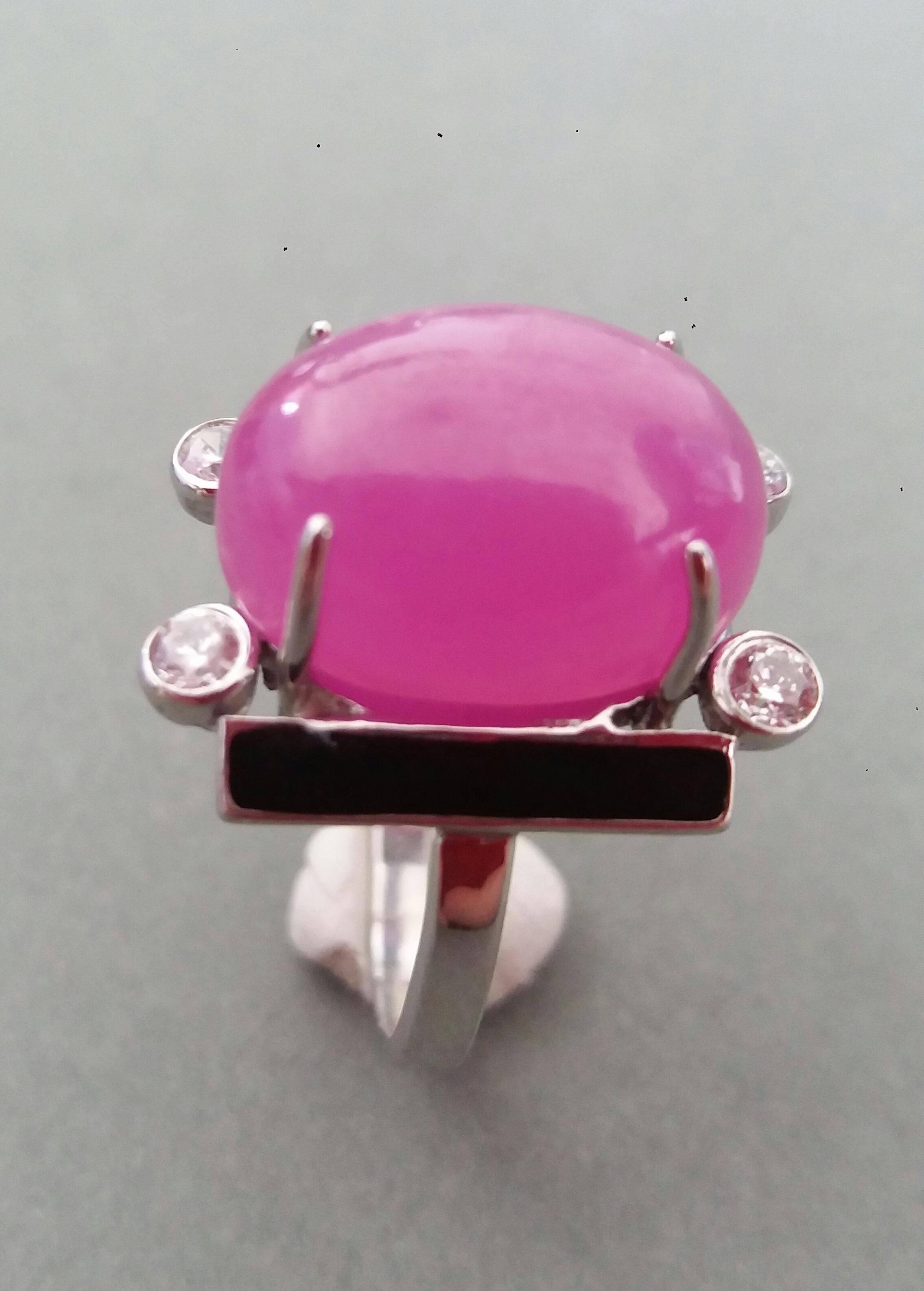 For Sale:  Art Deco Style 15 Carat Oval Ruby Cabochon Diamonds 14k Gold Black Enamel Ring 14