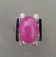 Art Deco Style 15 Carat Oval Ruby Cabochon Diamonds 14k Gold Black Enamel Ring